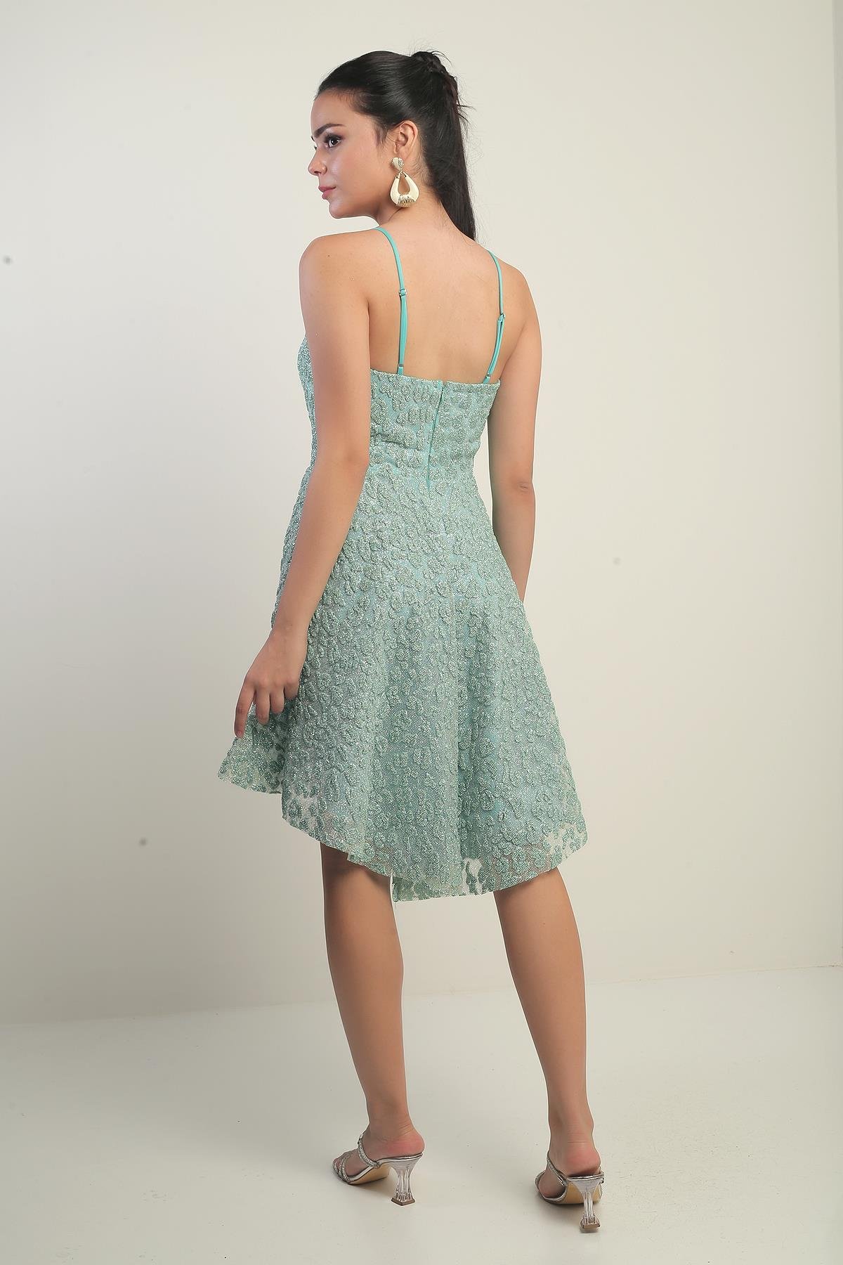 S-25Y0130003Kadın İp Askılı Astarlı Sim Flok Baskılı Kısa Kloş Elbise