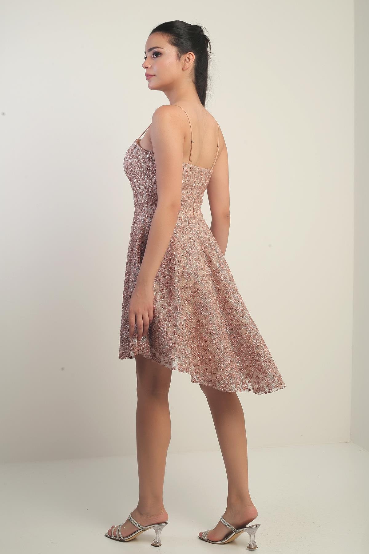 S-25Y0130003Kadın İp Askılı Astarlı Sim Flok Baskılı Kısa Kloş Elbise