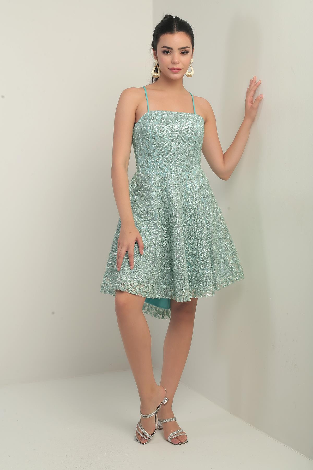 S-25Y0130003Kadın İp Askılı Astarlı Sim Flok Baskılı Kısa Kloş Elbise