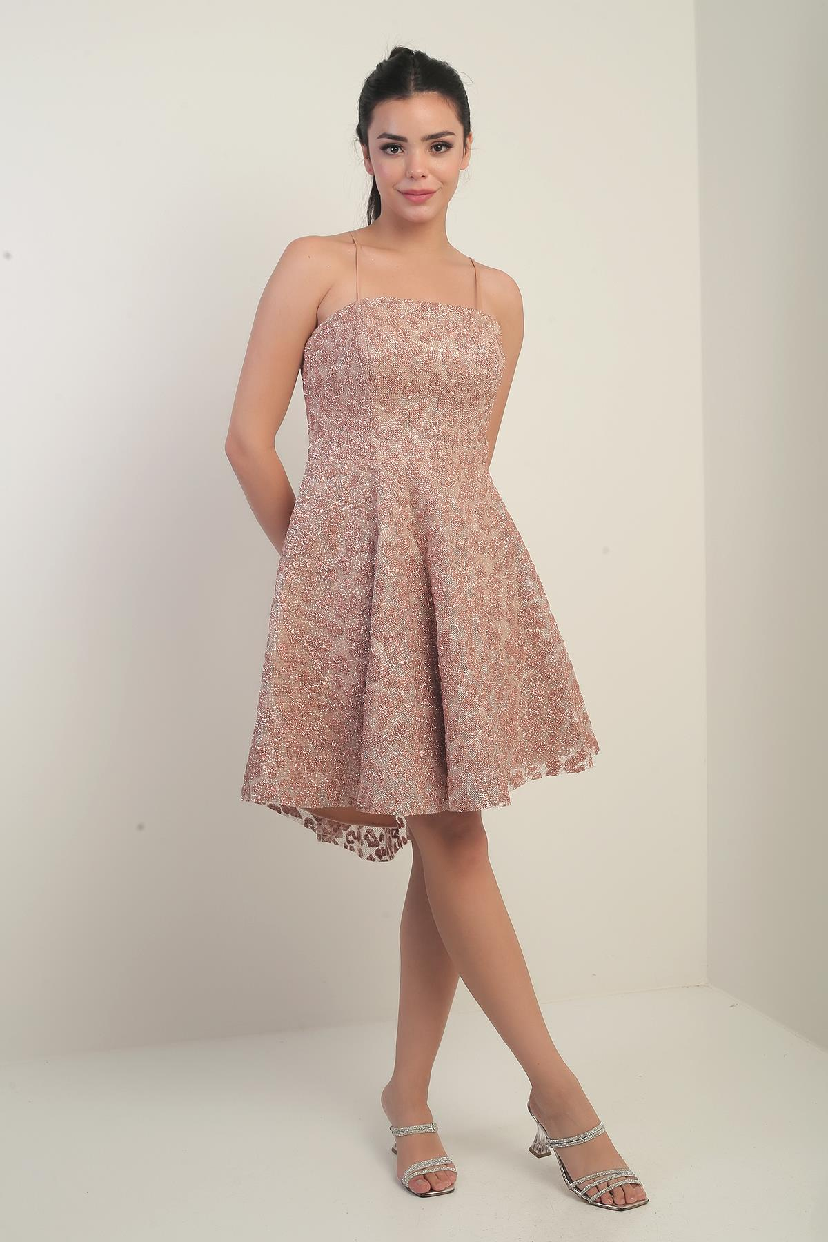 S-25Y0130003Kadın İp Askılı Astarlı Sim Flok Baskılı Kısa Kloş Elbise