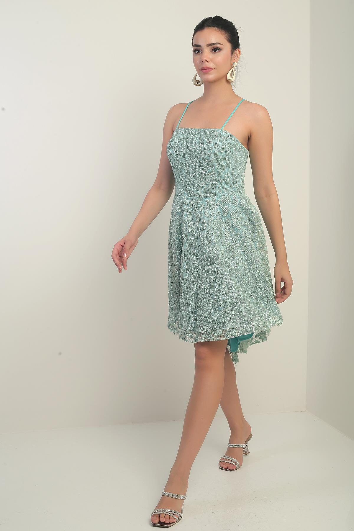 S-25Y0130003Kadın İp Askılı Astarlı Sim Flok Baskılı Kısa Kloş Elbise