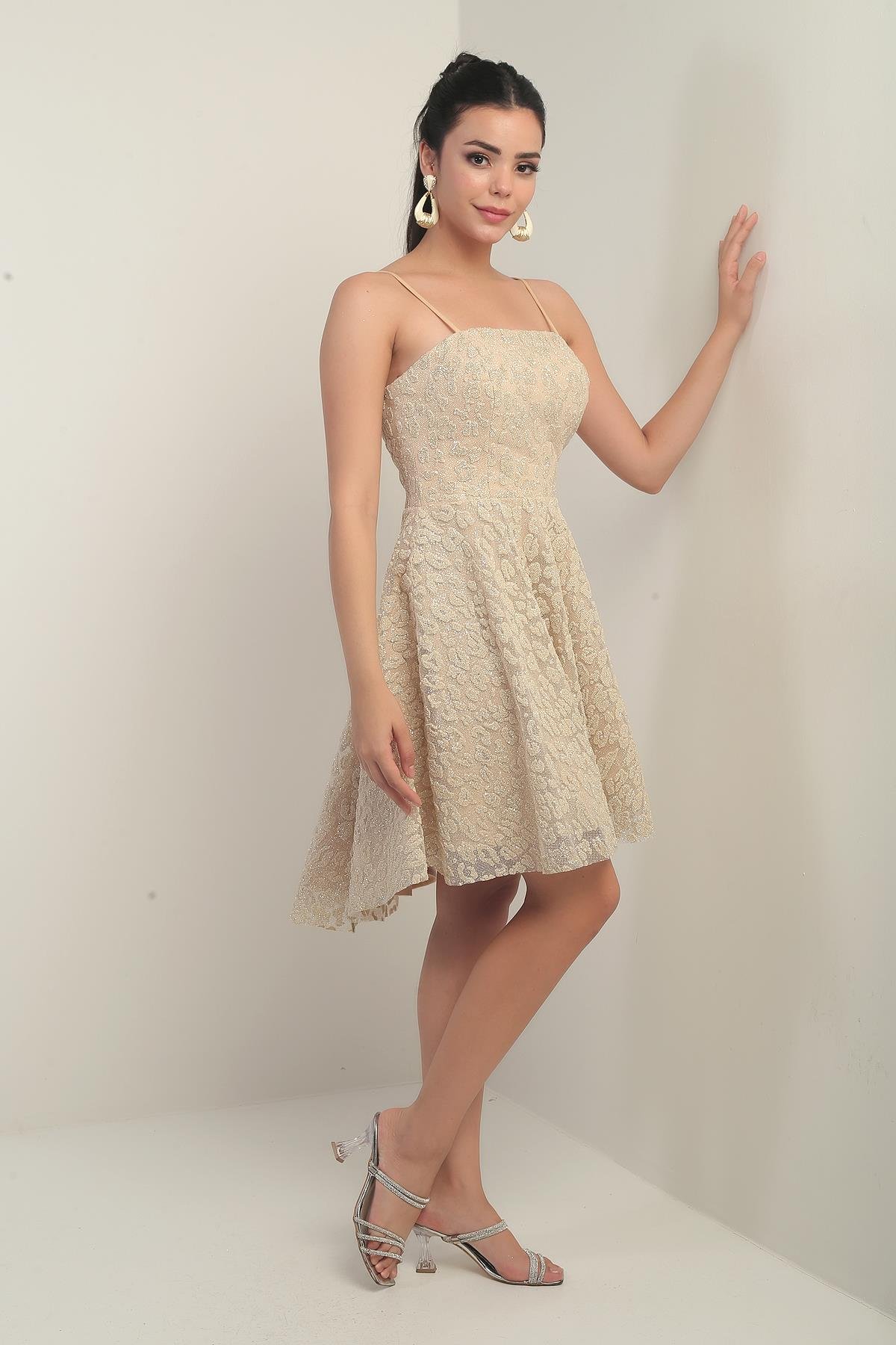 S-25Y0130003Kadın İp Askılı Astarlı Sim Flok Baskılı Kısa Kloş Elbise