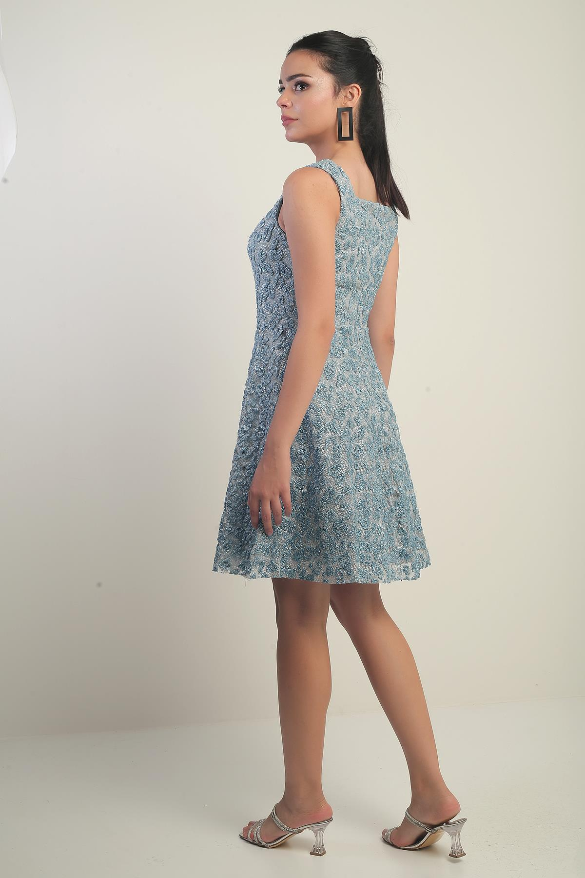 S-25Y0130004Kadın Kalın Askılı Astarlı Sim Flok Baskılı Kısa Kloş Elbise