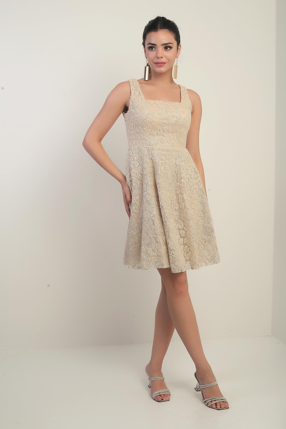 S-25Y0130004Kadın Kalın Askılı Astarlı Sim Flok Baskılı Kısa Kloş Elbise