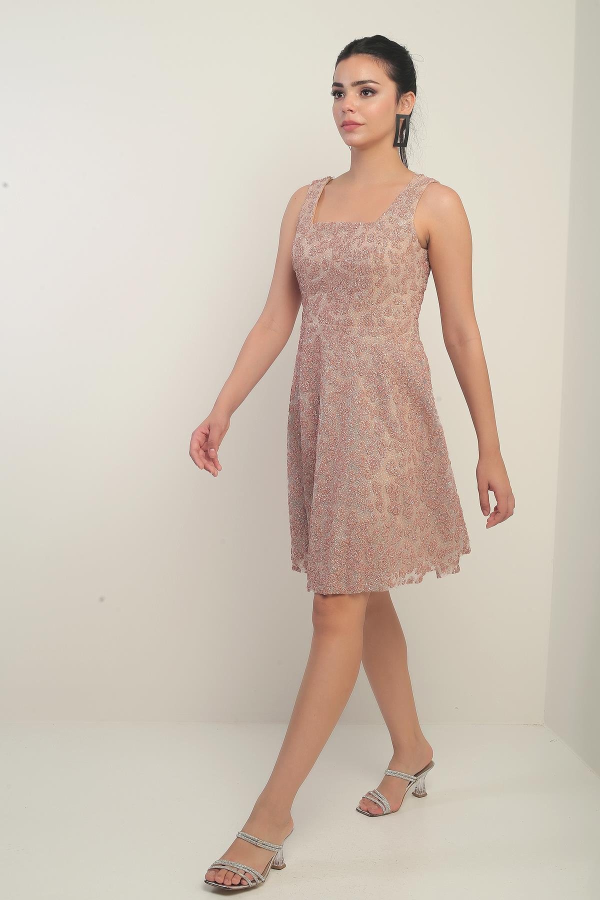 S-25Y0130004Kadın Kalın Askılı Astarlı Sim Flok Baskılı Kısa Kloş Elbise