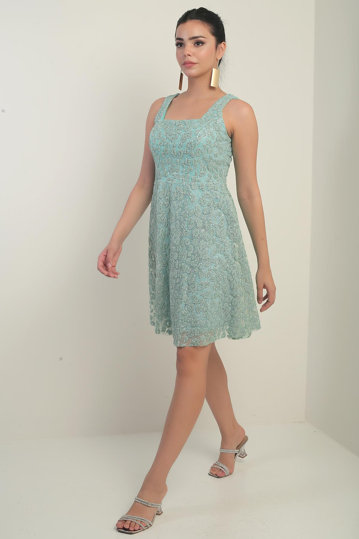 S-25Y0130004Kadın Kalın Askılı Astarlı Sim Flok Baskılı Kısa Kloş Elbise