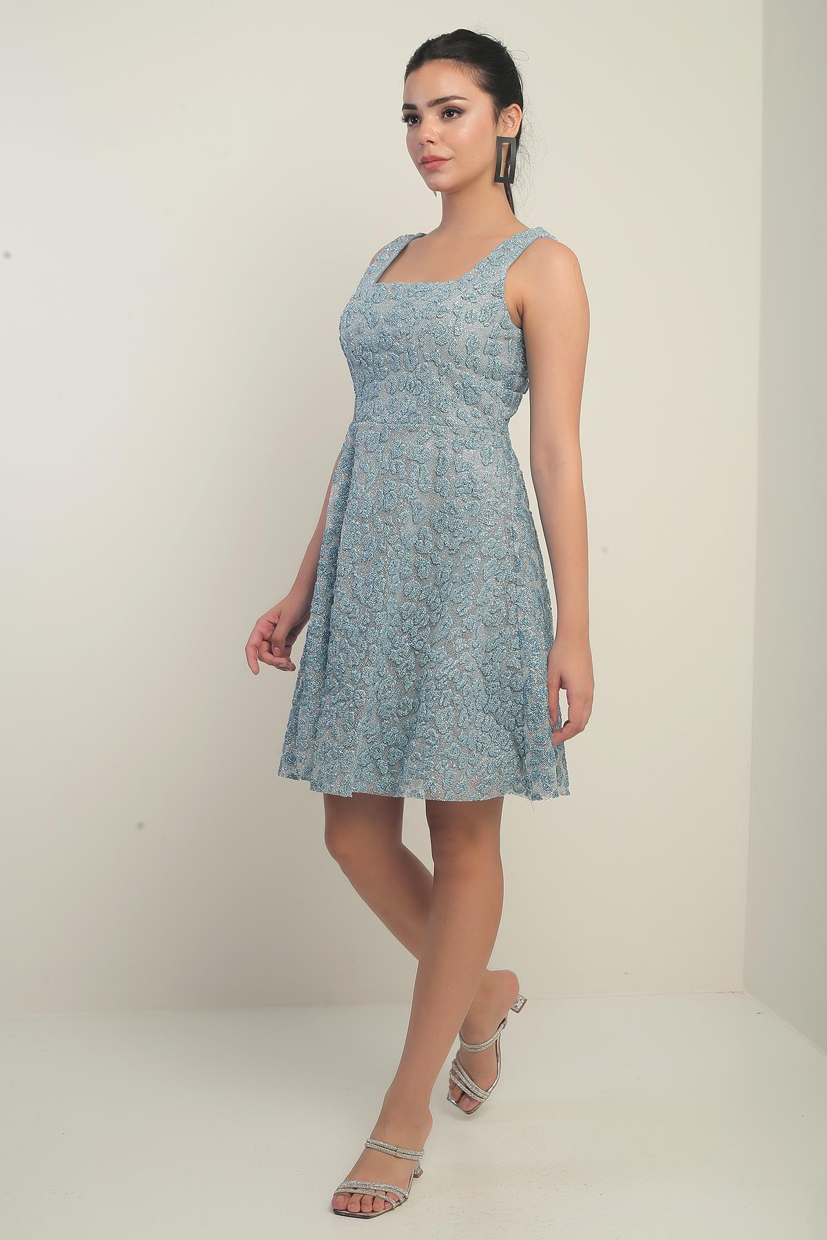 S-25Y0130004Kadın Kalın Askılı Astarlı Sim Flok Baskılı Kısa Kloş Elbise