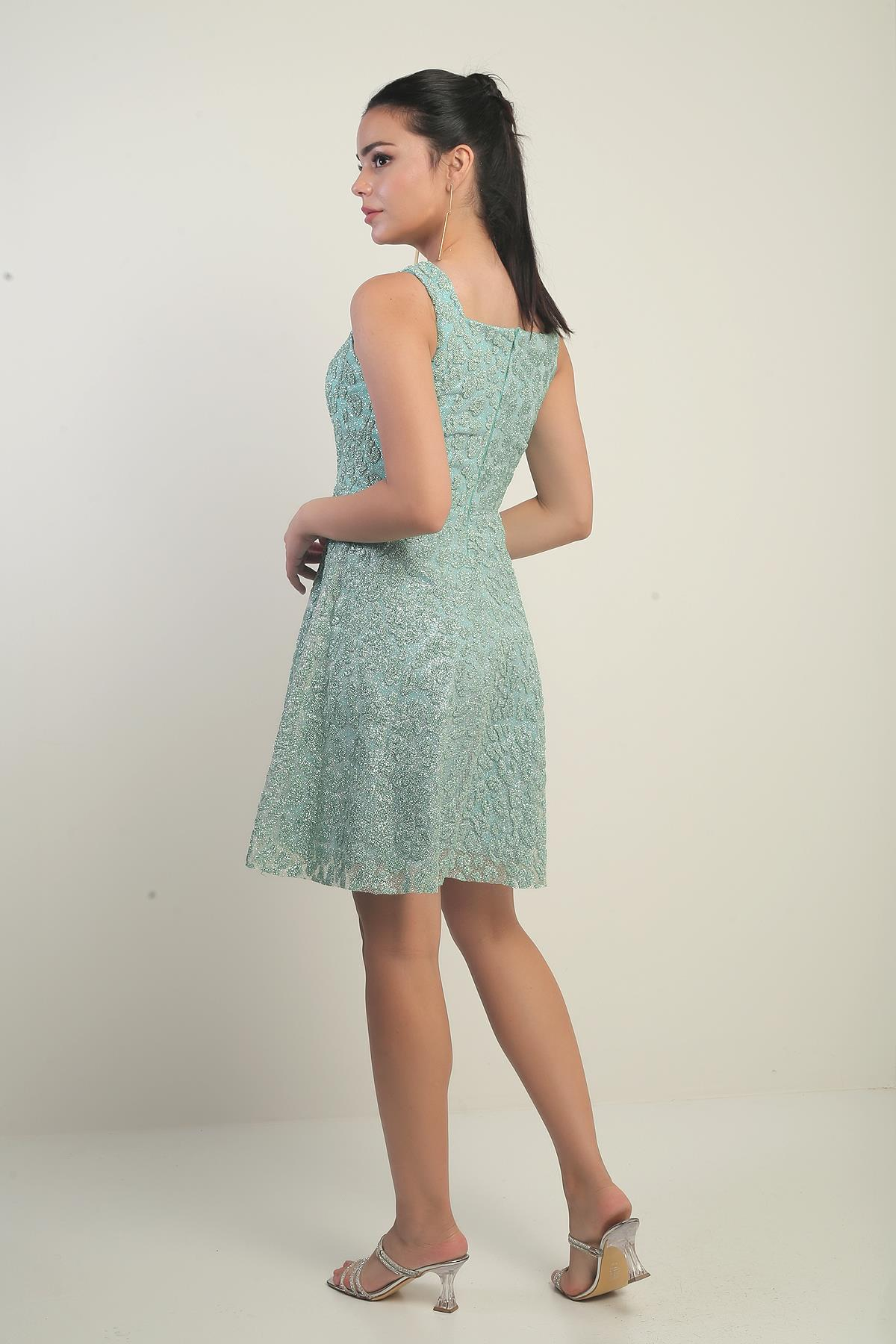 S-25Y0130004Kadın Kalın Askılı Astarlı Sim Flok Baskılı Kısa Kloş Elbise