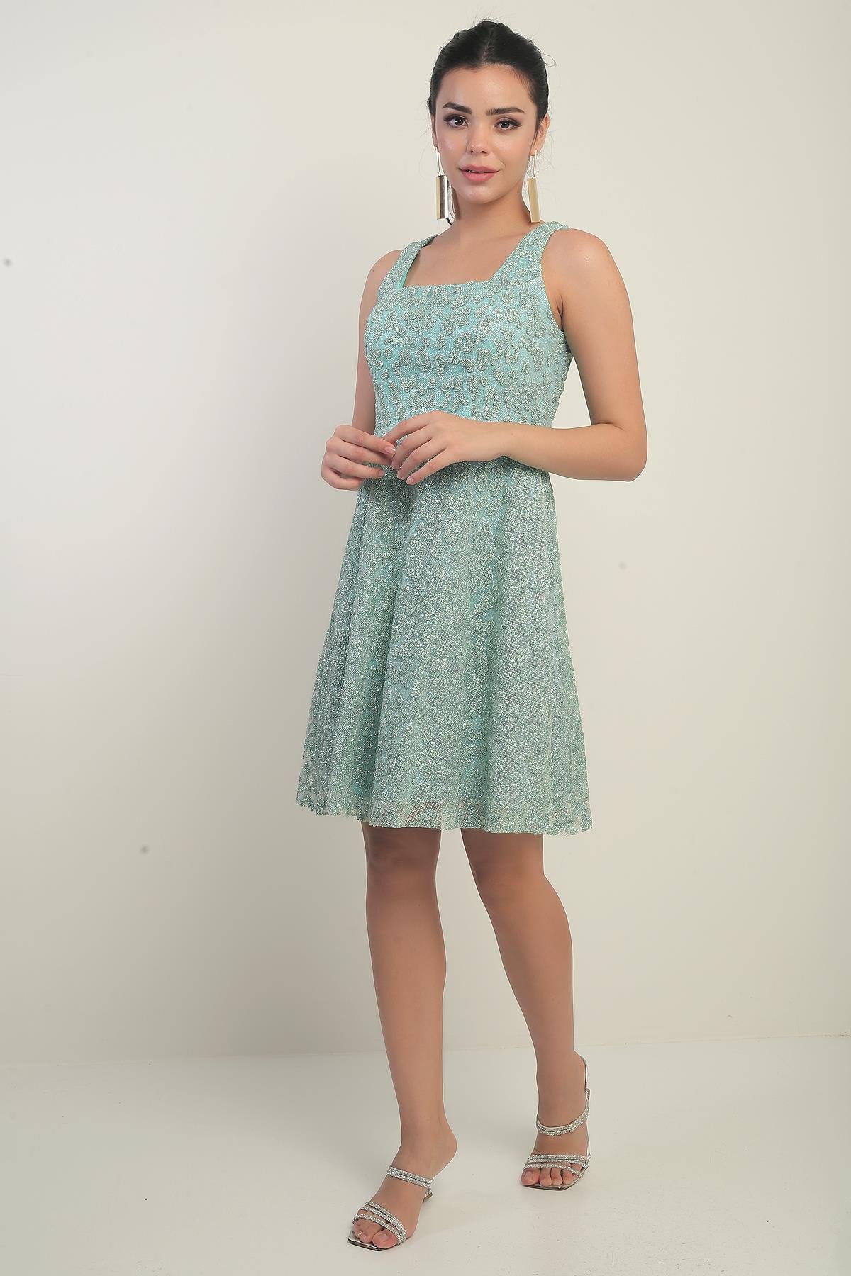 S-25Y0130004Kadın Kalın Askılı Astarlı Sim Flok Baskılı Kısa Kloş Elbise