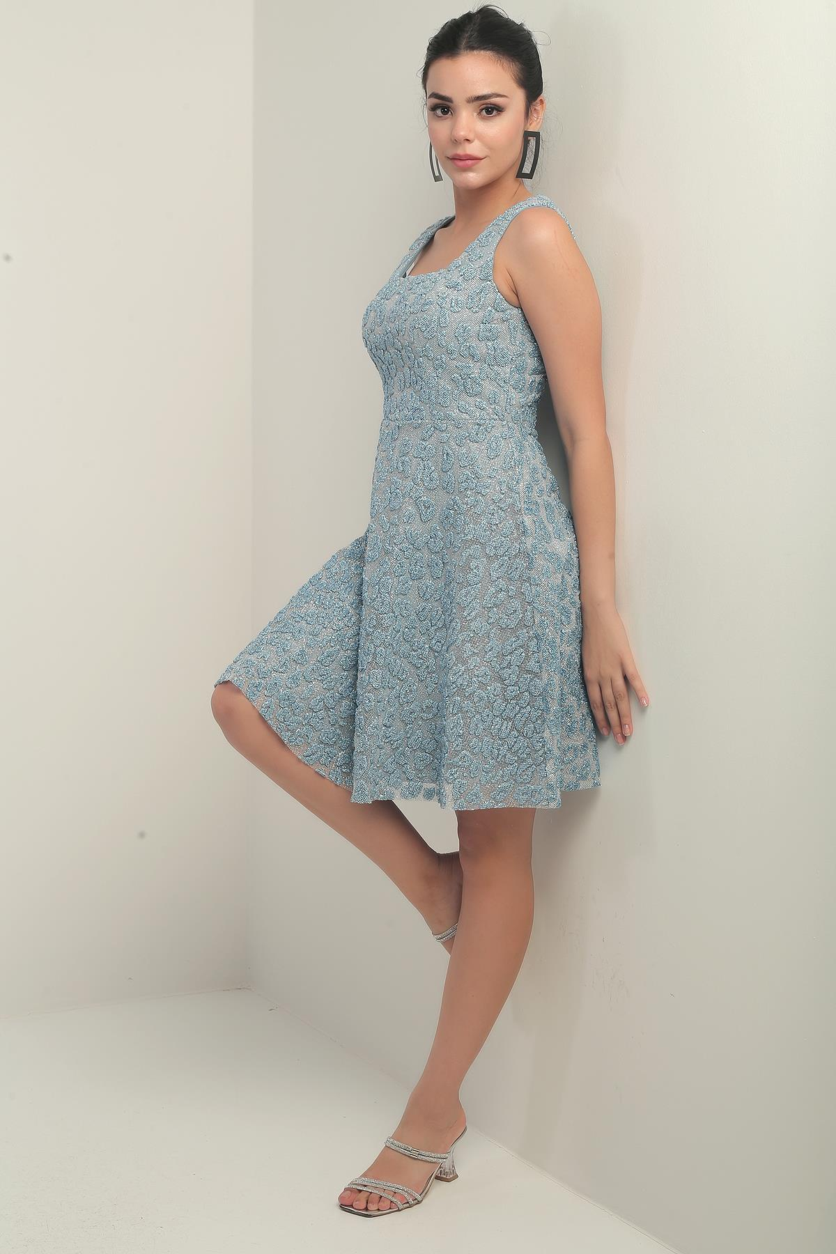 S-25Y0130004Kadın Kalın Askılı Astarlı Sim Flok Baskılı Kısa Kloş Elbise