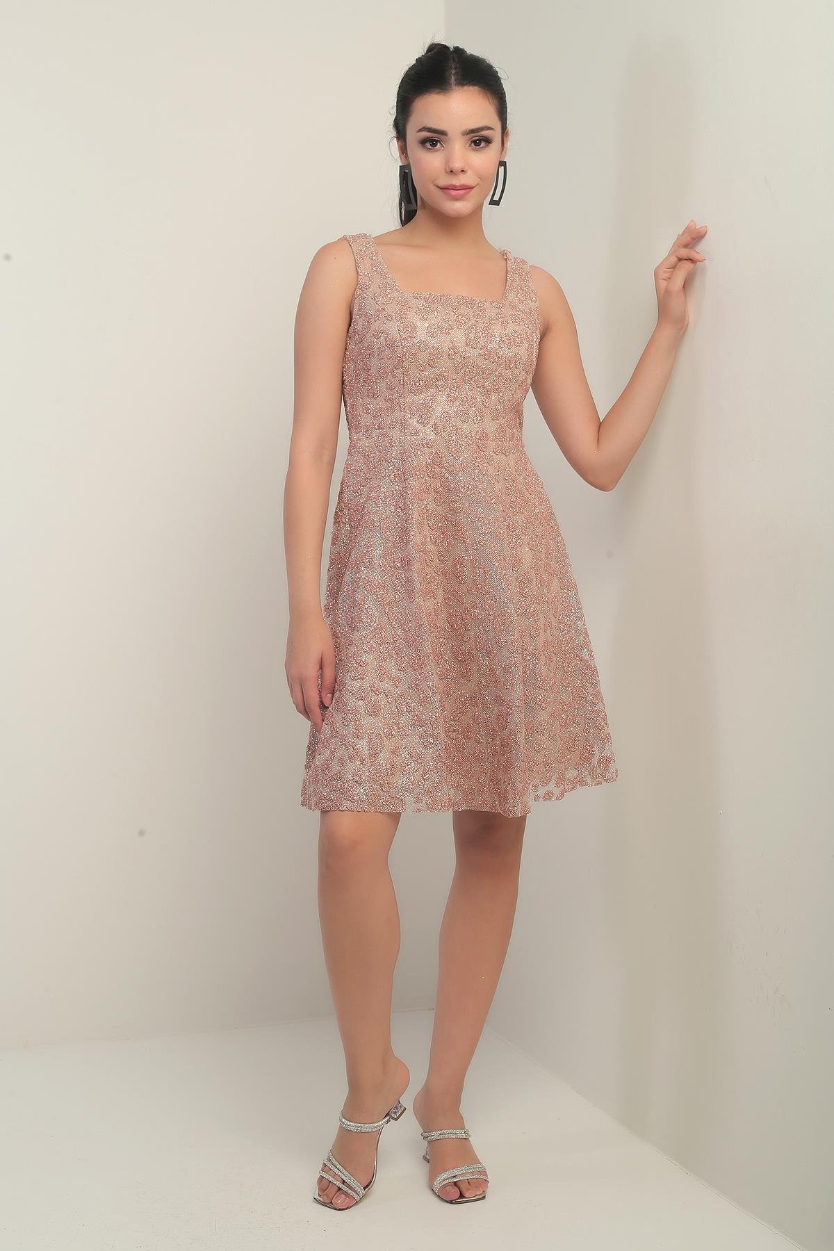 S-25Y0130004Kadın Kalın Askılı Astarlı Sim Flok Baskılı Kısa Kloş Elbise