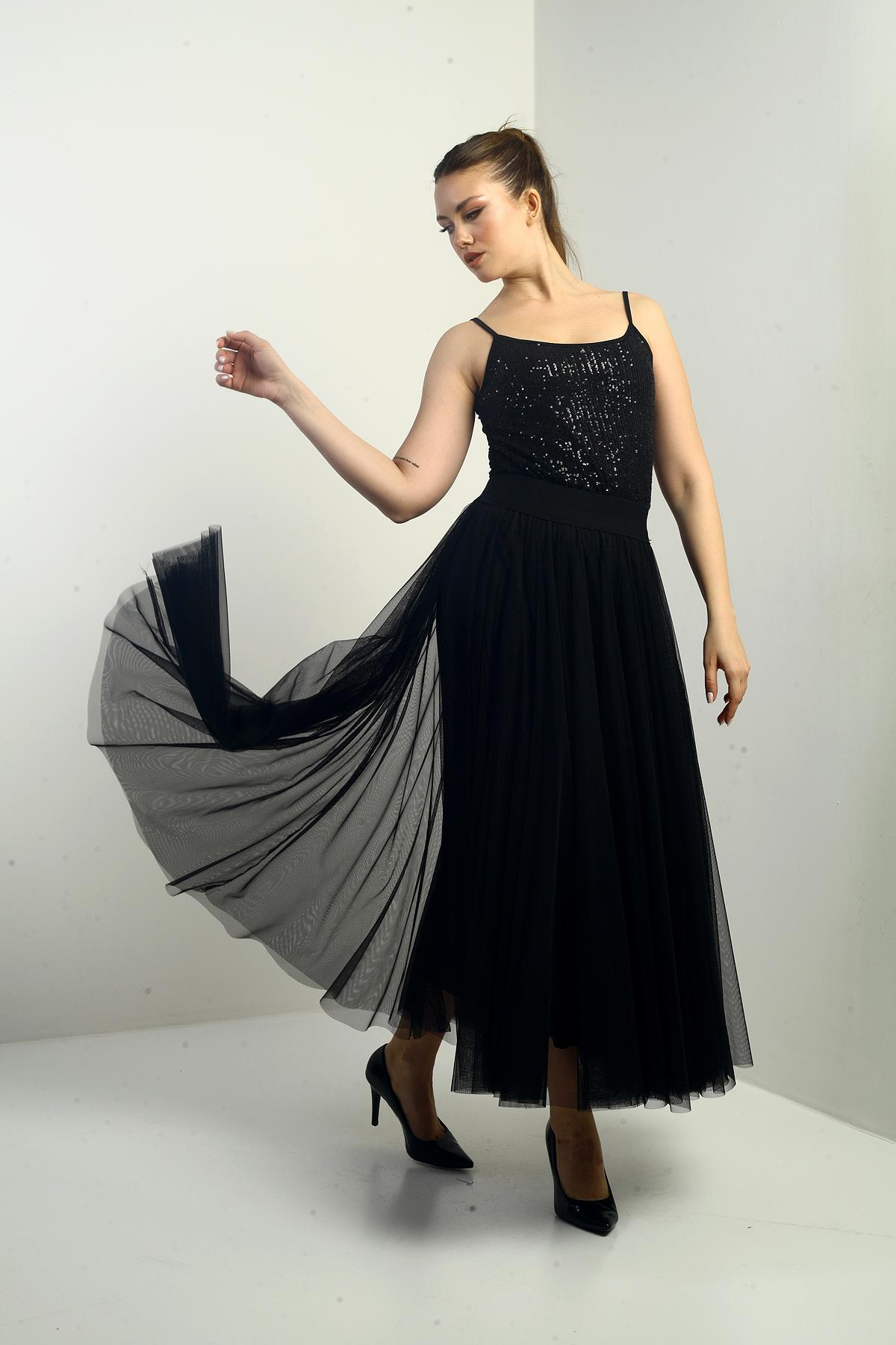 S-25Y0190001Kadın Beli Lastikli Astarlı Tül Etek