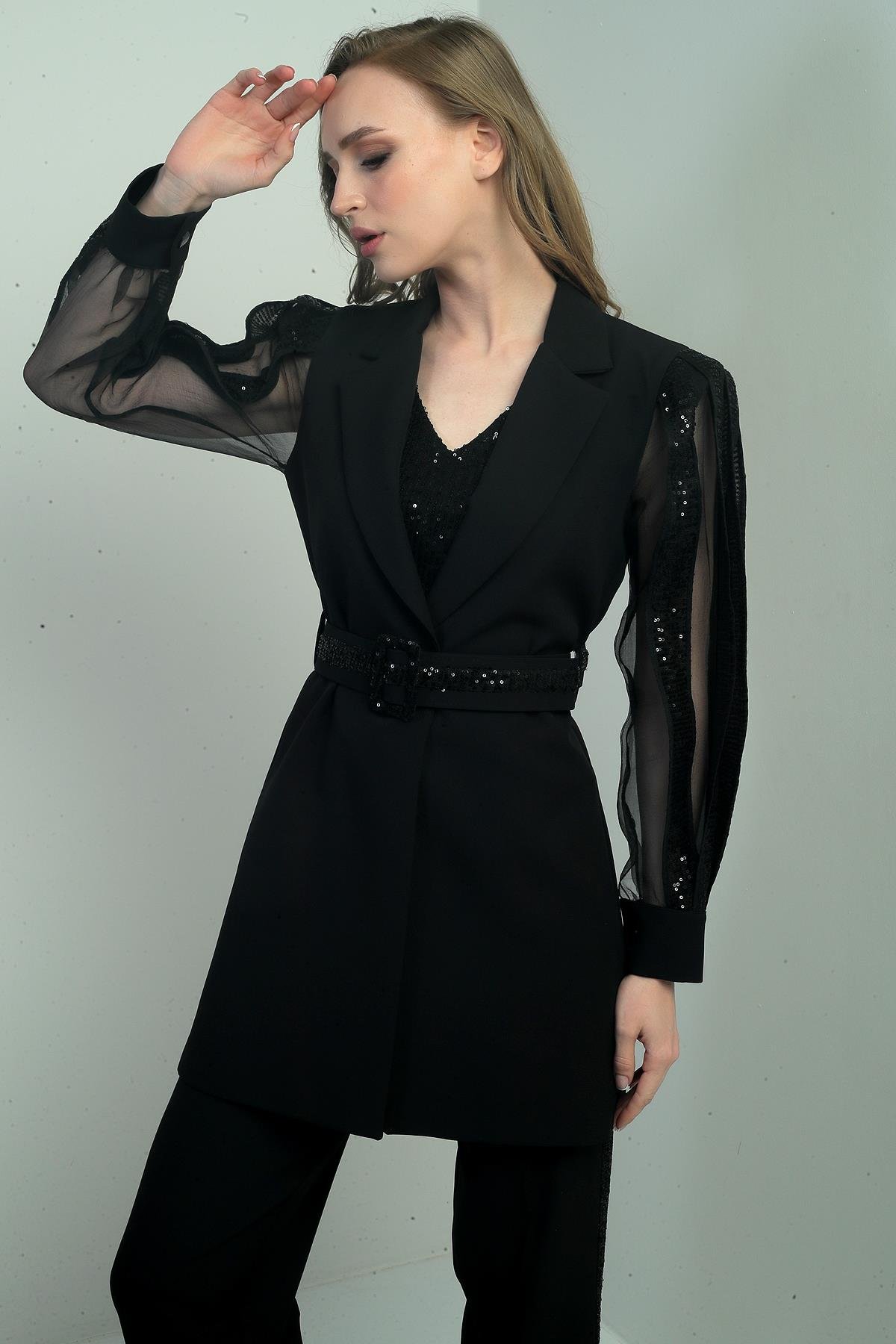 S-25Y0190007Kadın Kollar Organze Pulpayet Beli Kemerli Astarlı Ceket