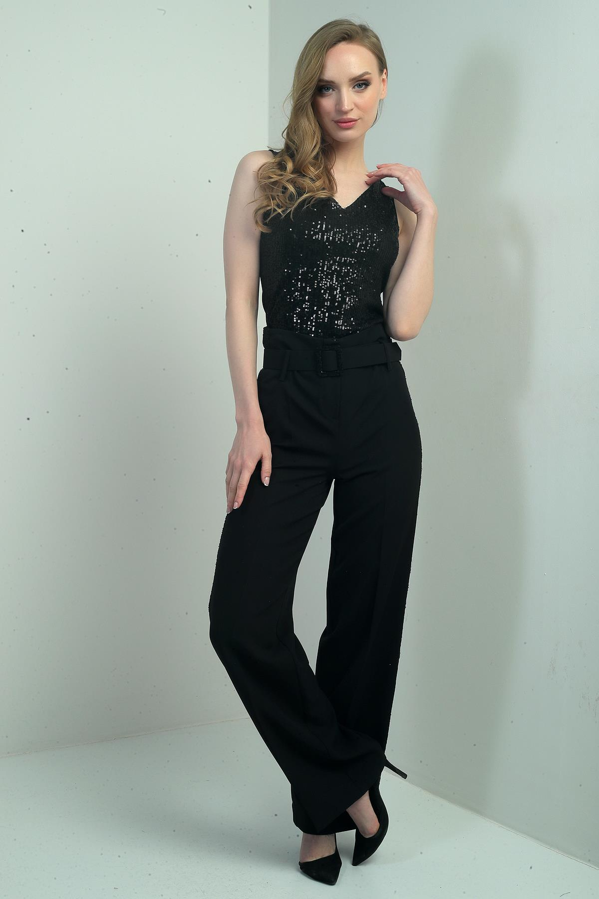 S-25Y0190008Kadın Yanları Pul Şeritli Beli Kemerli Bol Paça Pantolon