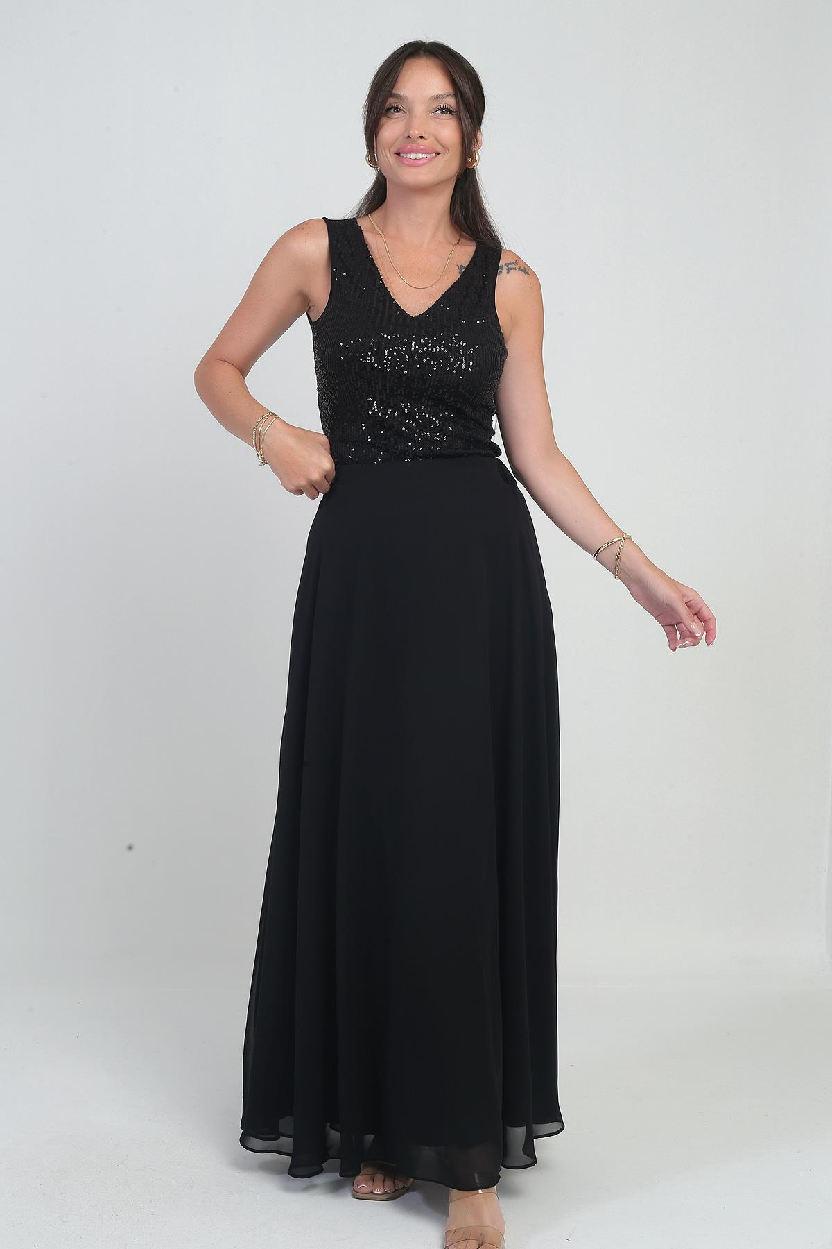 S-25Y0190014Kadın Beli Lastikli Astarlı Uzun Şifon Etek