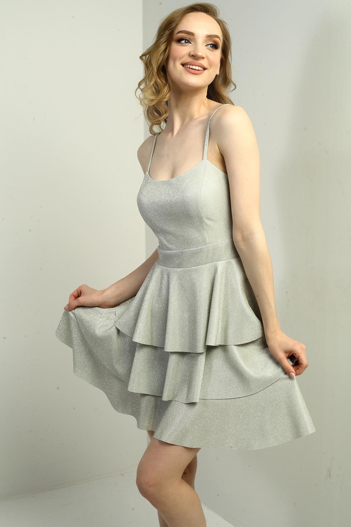 S-25Y0230001Kadın İp Askılı Simli Kat Kat Kısa Elbise