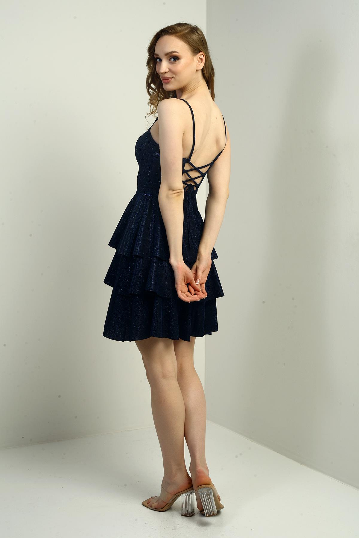 S-25Y0230001Kadın İp Askılı Simli Kat Kat Kısa Elbise