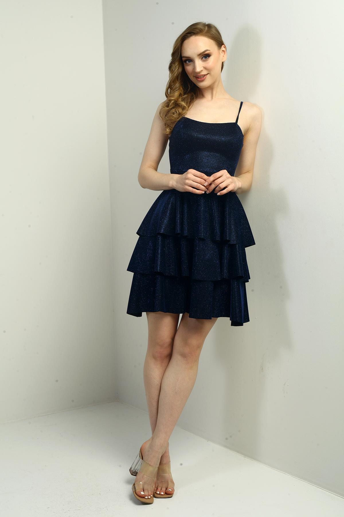 S-25Y0230001Kadın İp Askılı Simli Kat Kat Kısa Elbise