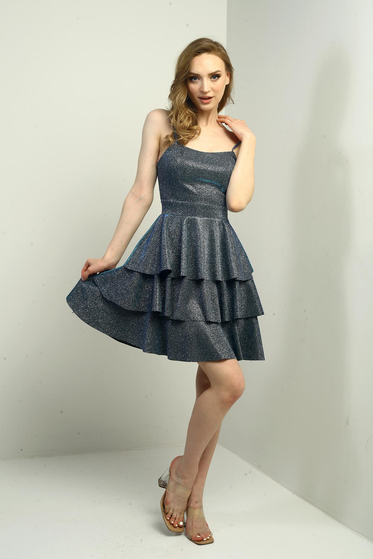 S-25Y0230001Kadın İp Askılı Simli Kat Kat Kısa Elbise