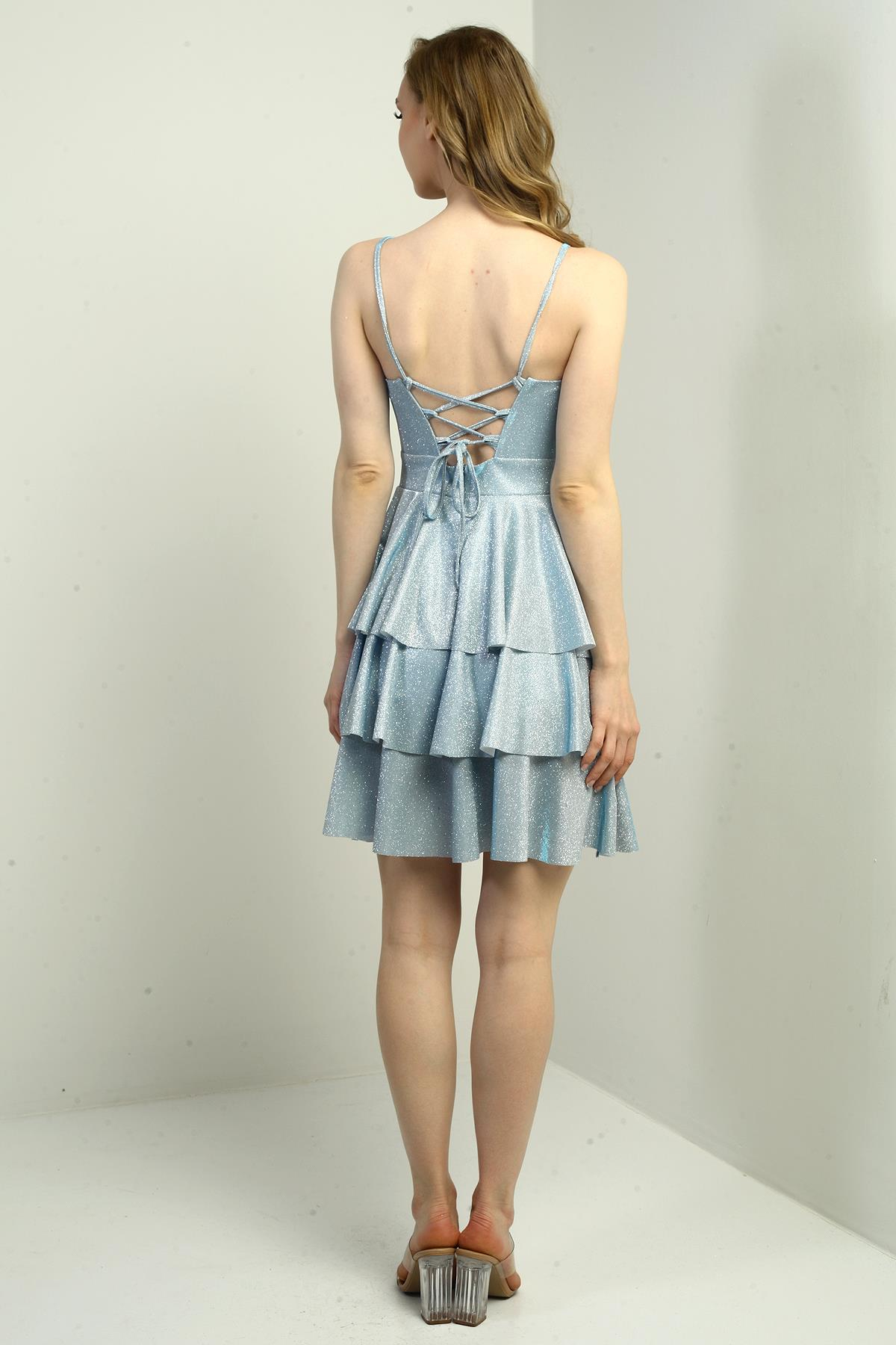 S-25Y0230001Kadın İp Askılı Simli Kat Kat Kısa Elbise