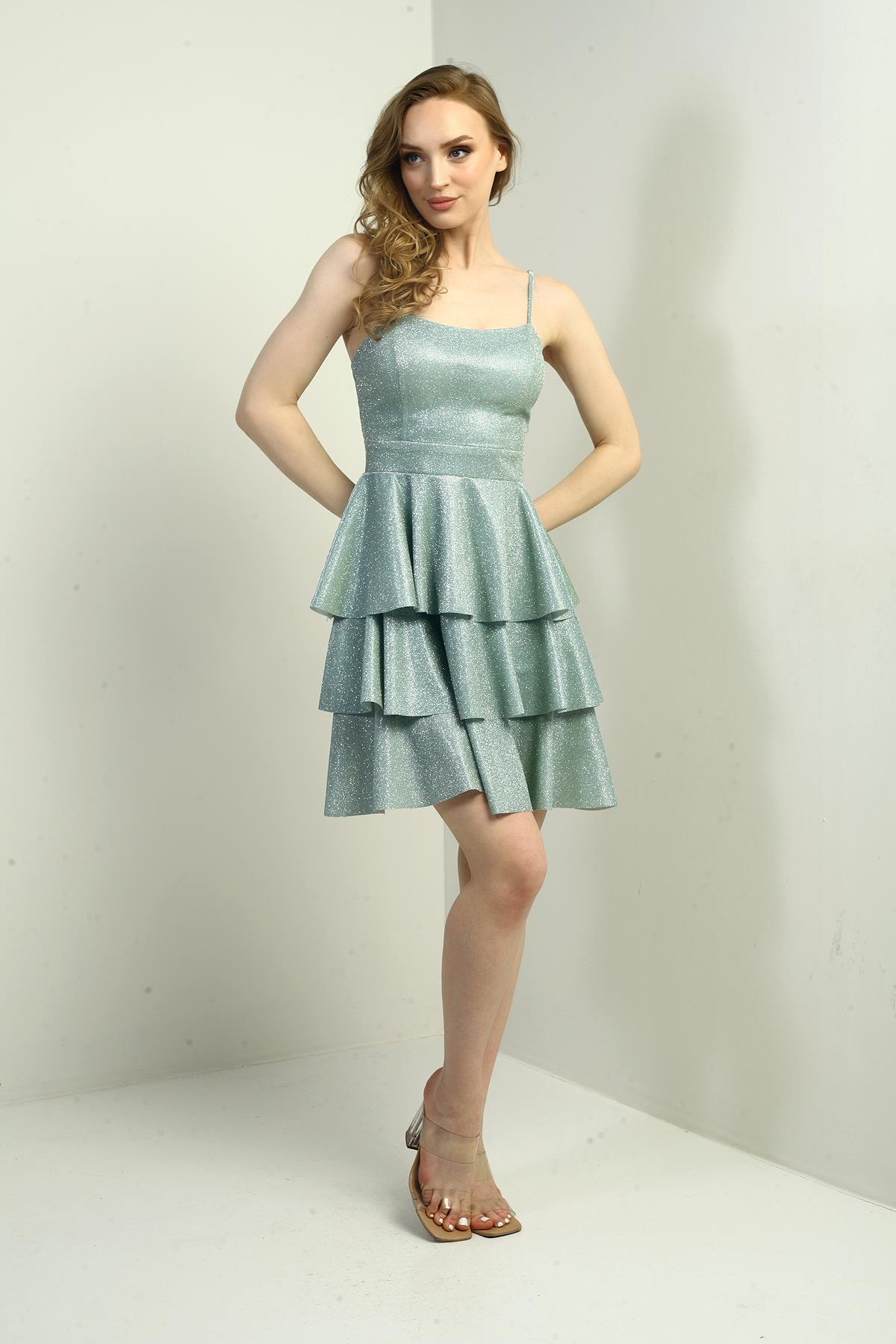 S-25Y0230001Kadın İp Askılı Simli Kat Kat Kısa Elbise