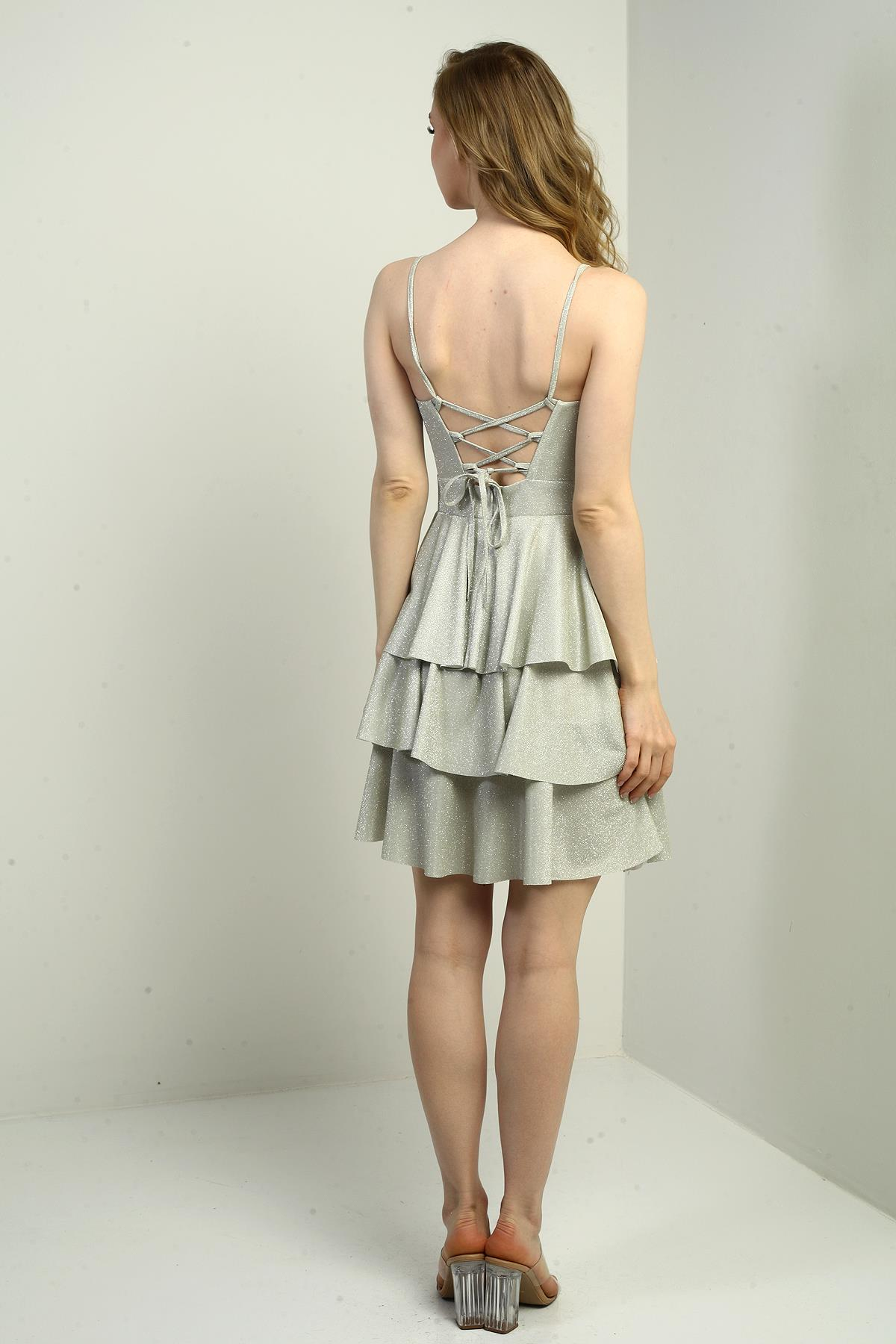 S-25Y0230001Kadın İp Askılı Simli Kat Kat Kısa Elbise