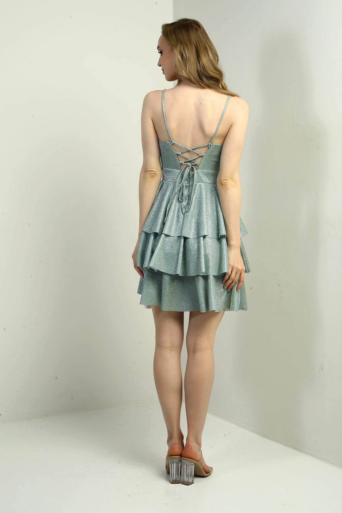 S-25Y0230001Kadın İp Askılı Simli Kat Kat Kısa Elbise