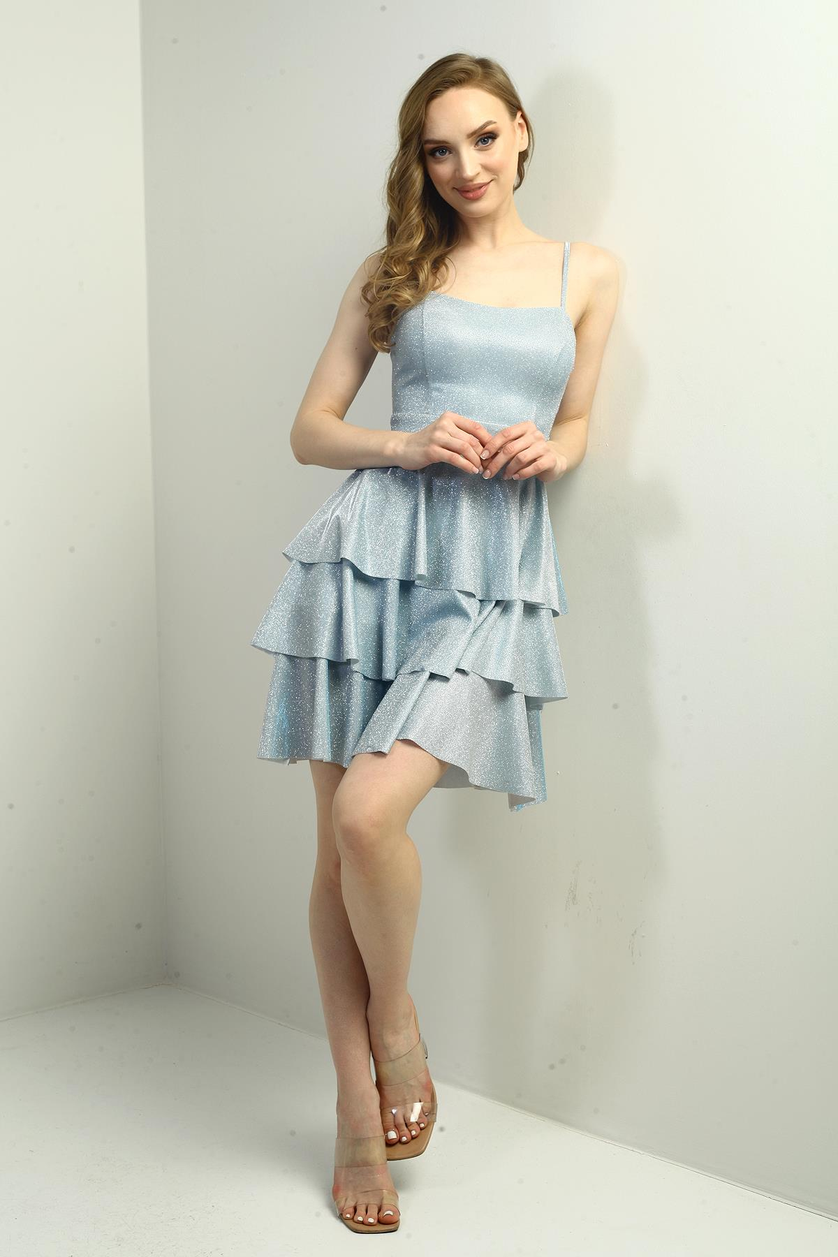 S-25Y0230001Kadın İp Askılı Simli Kat Kat Kısa Elbise