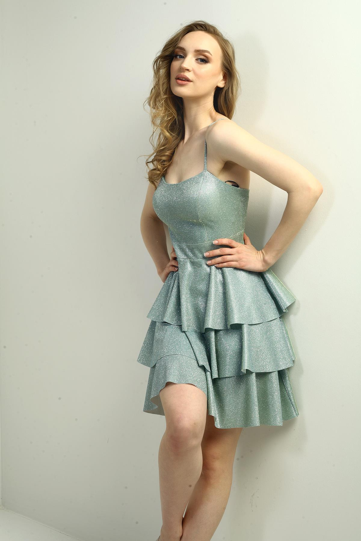 S-25Y0230001Kadın İp Askılı Simli Kat Kat Kısa Elbise