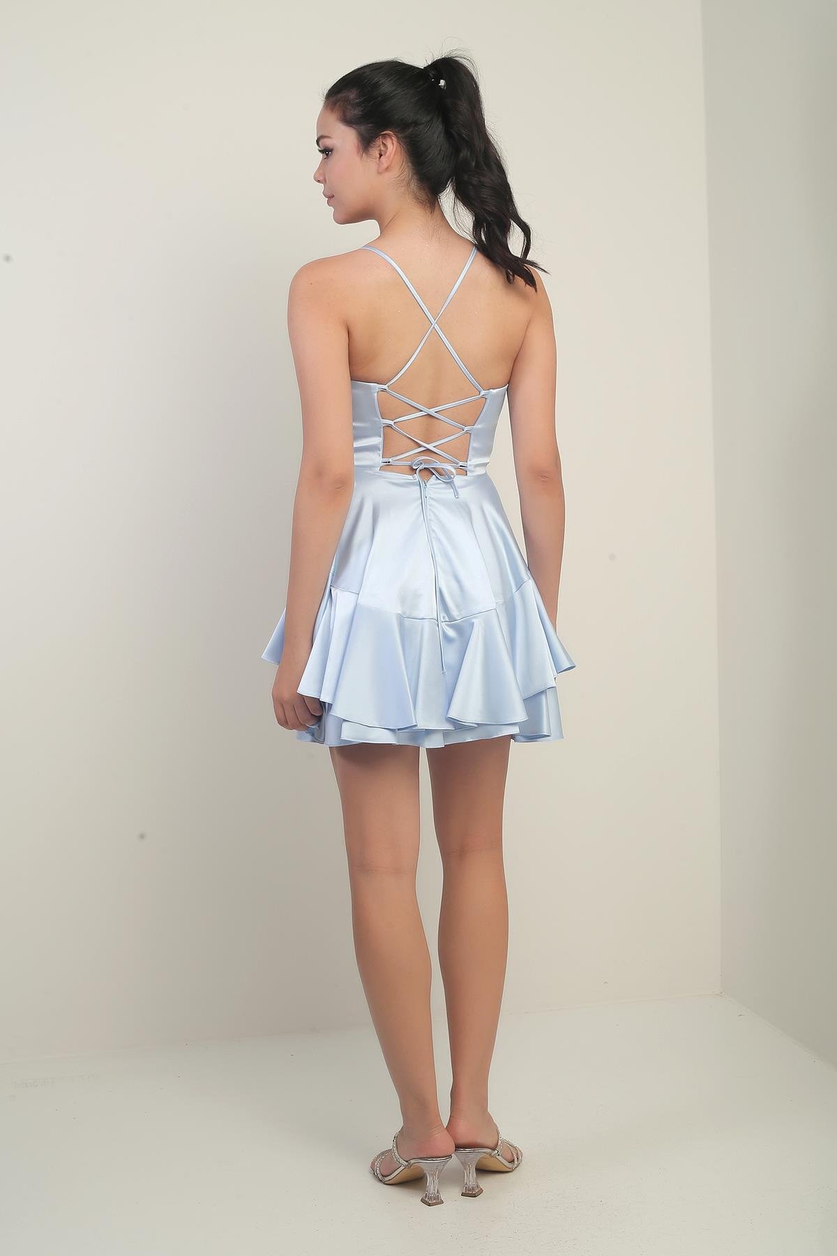 S-25Y0230016Kadın İp Askılı Arkadan Bağlamalı Balenli Eteği Katlı Astarlı Saten Kısa Elbise