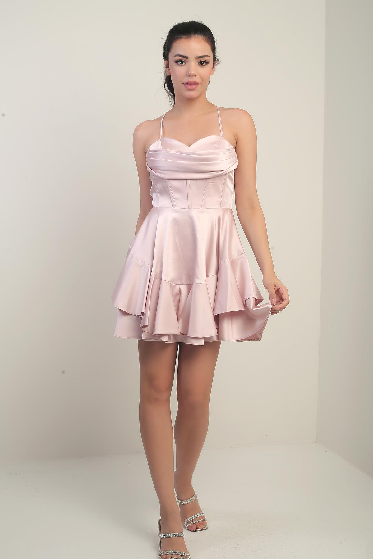 S-25Y0230016Kadın İp Askılı Arkadan Bağlamalı Balenli Eteği Katlı Astarlı Saten Kısa Elbise