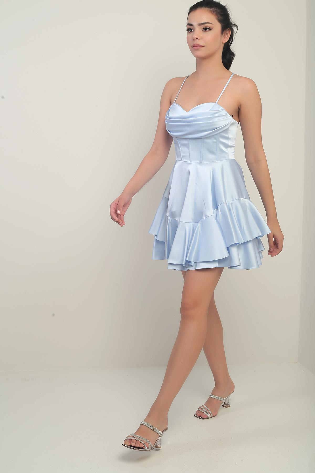 S-25Y0230016Kadın İp Askılı Arkadan Bağlamalı Balenli Eteği Katlı Astarlı Saten Kısa Elbise