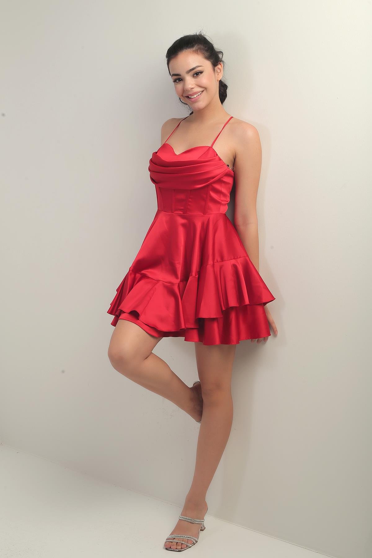 S-25Y0230016Kadın İp Askılı Arkadan Bağlamalı Balenli Eteği Katlı Astarlı Saten Kısa Elbise