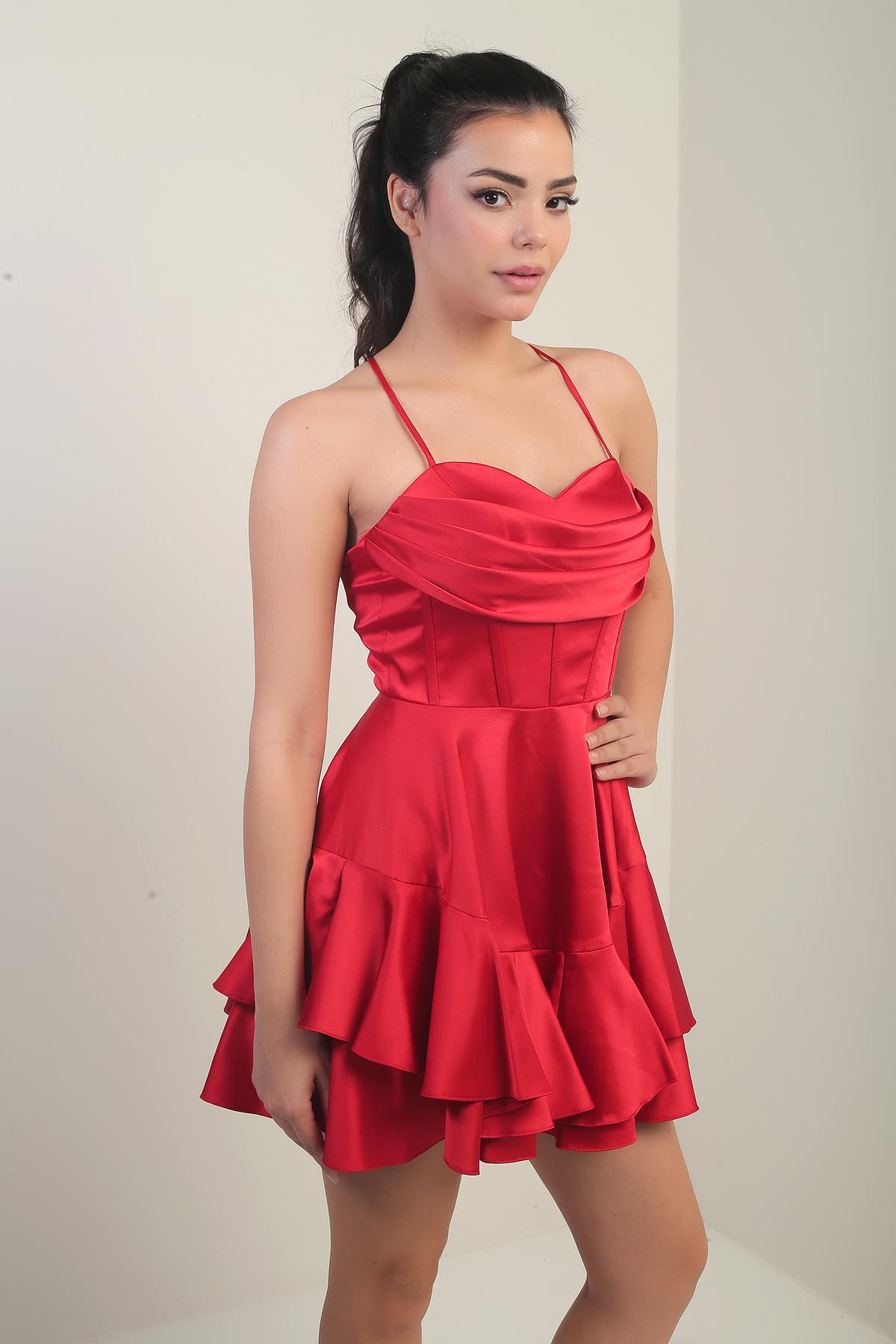 S-25Y0230016Kadın İp Askılı Arkadan Bağlamalı Balenli Eteği Katlı Astarlı Saten Kısa Elbise