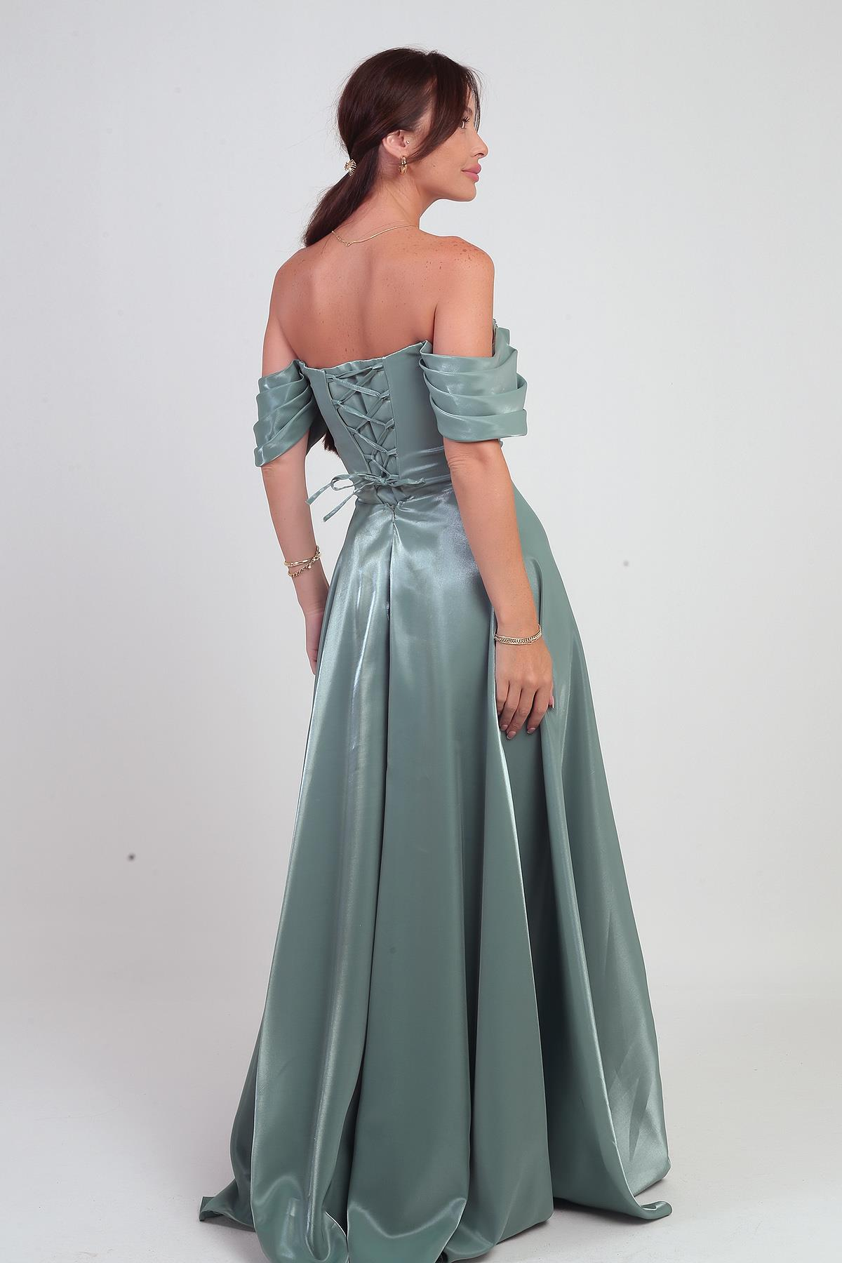 S-25Y0230021Kadın Parlak Taş Detaylı Straplez Düşük Kollu Organze Uzun Elbise