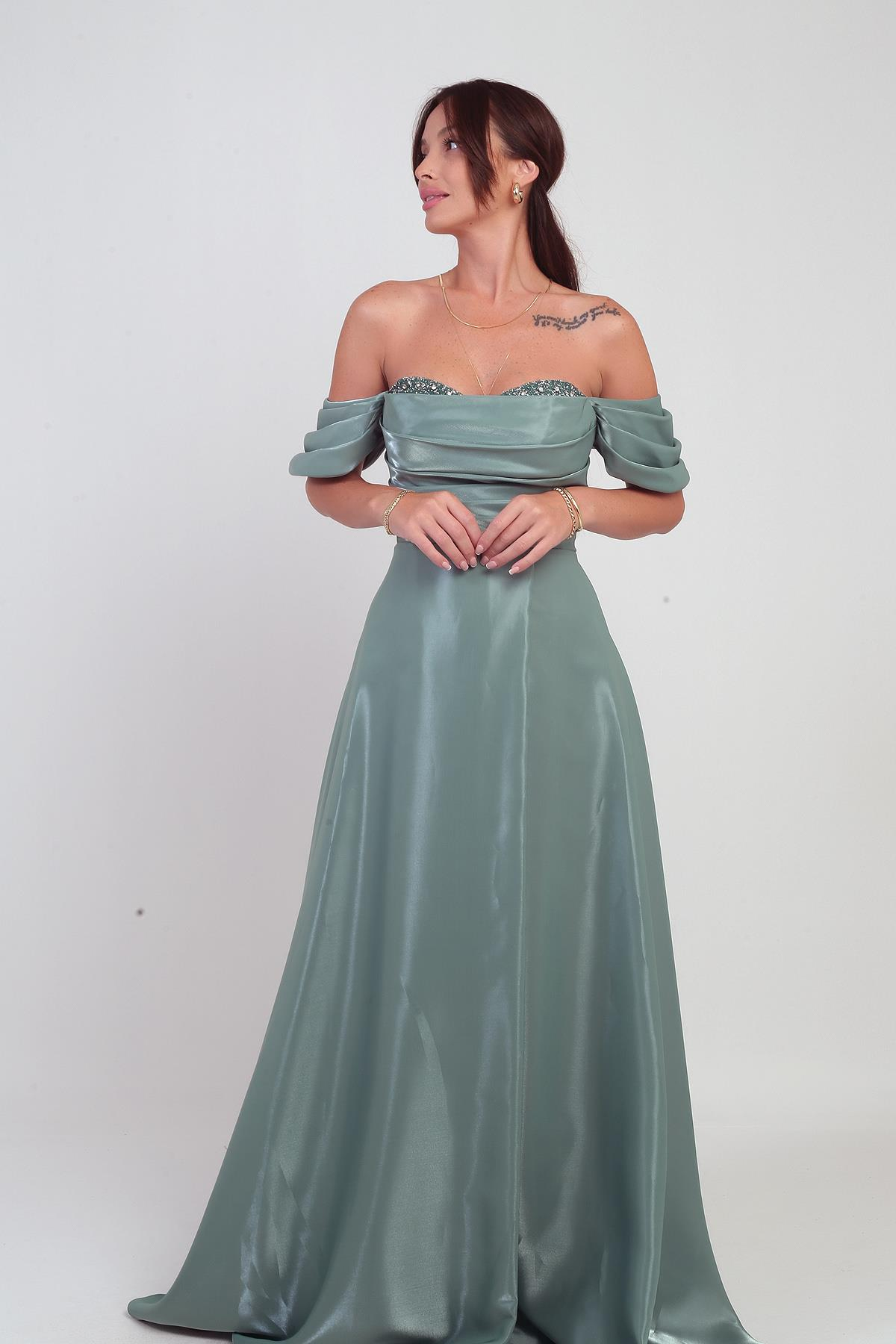 S-25Y0230021Kadın Parlak Taş Detaylı Straplez Düşük Kollu Organze Uzun Elbise