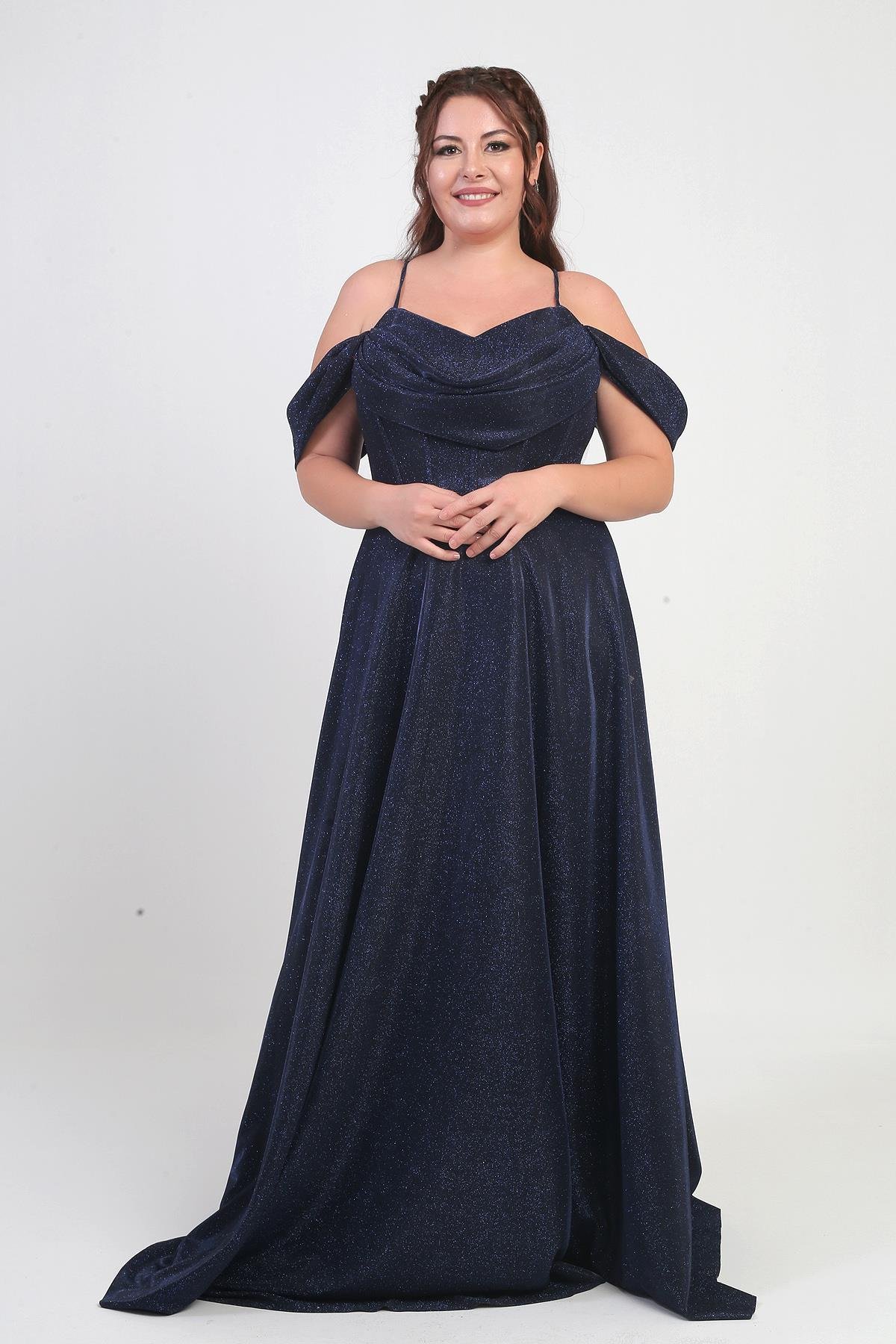 S-25Y0230022Kadın İp Askılı Arkası Bağcıklı Göğüs Drapeli Astarlı Balenli Büyük Beden Simli Elbise