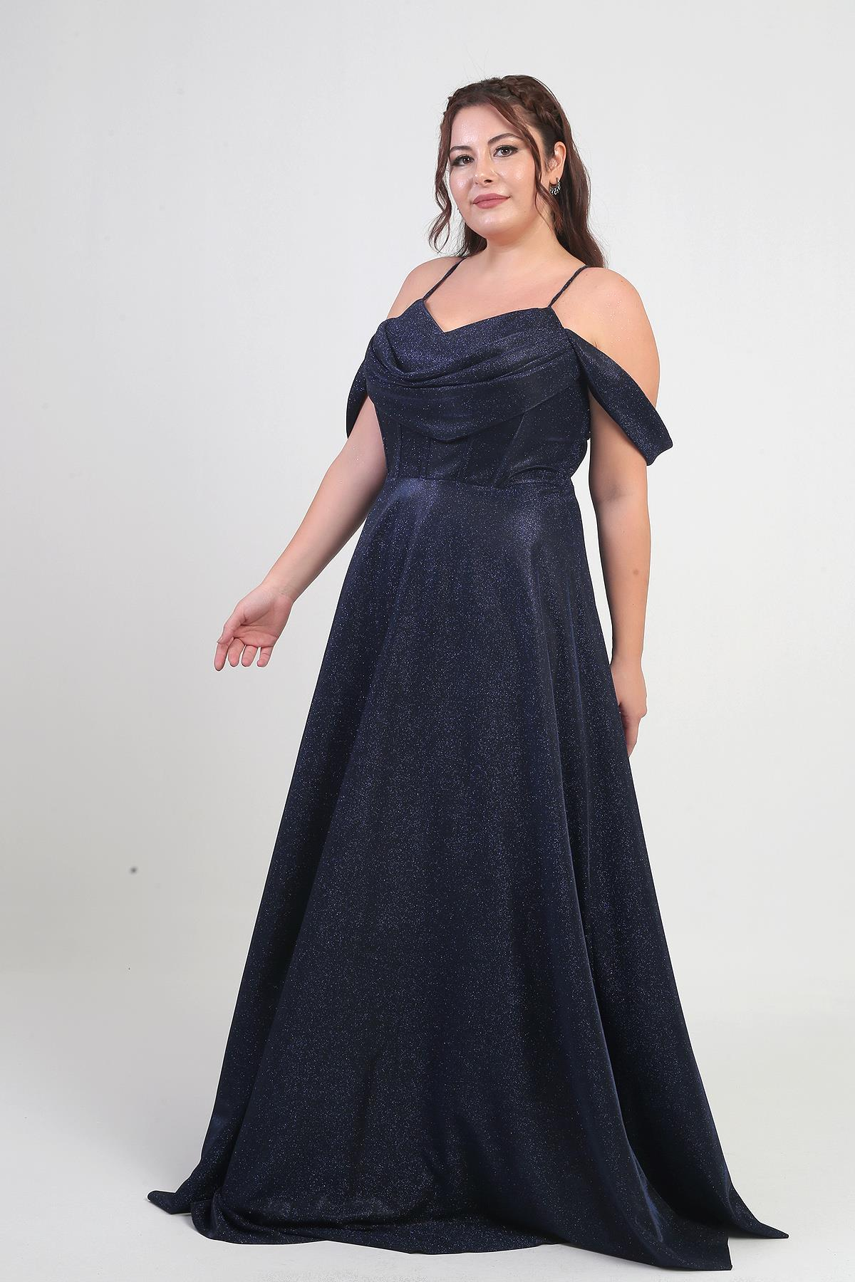 S-25Y0230022Kadın İp Askılı Arkası Bağcıklı Göğüs Drapeli Astarlı Balenli Büyük Beden Simli Elbise