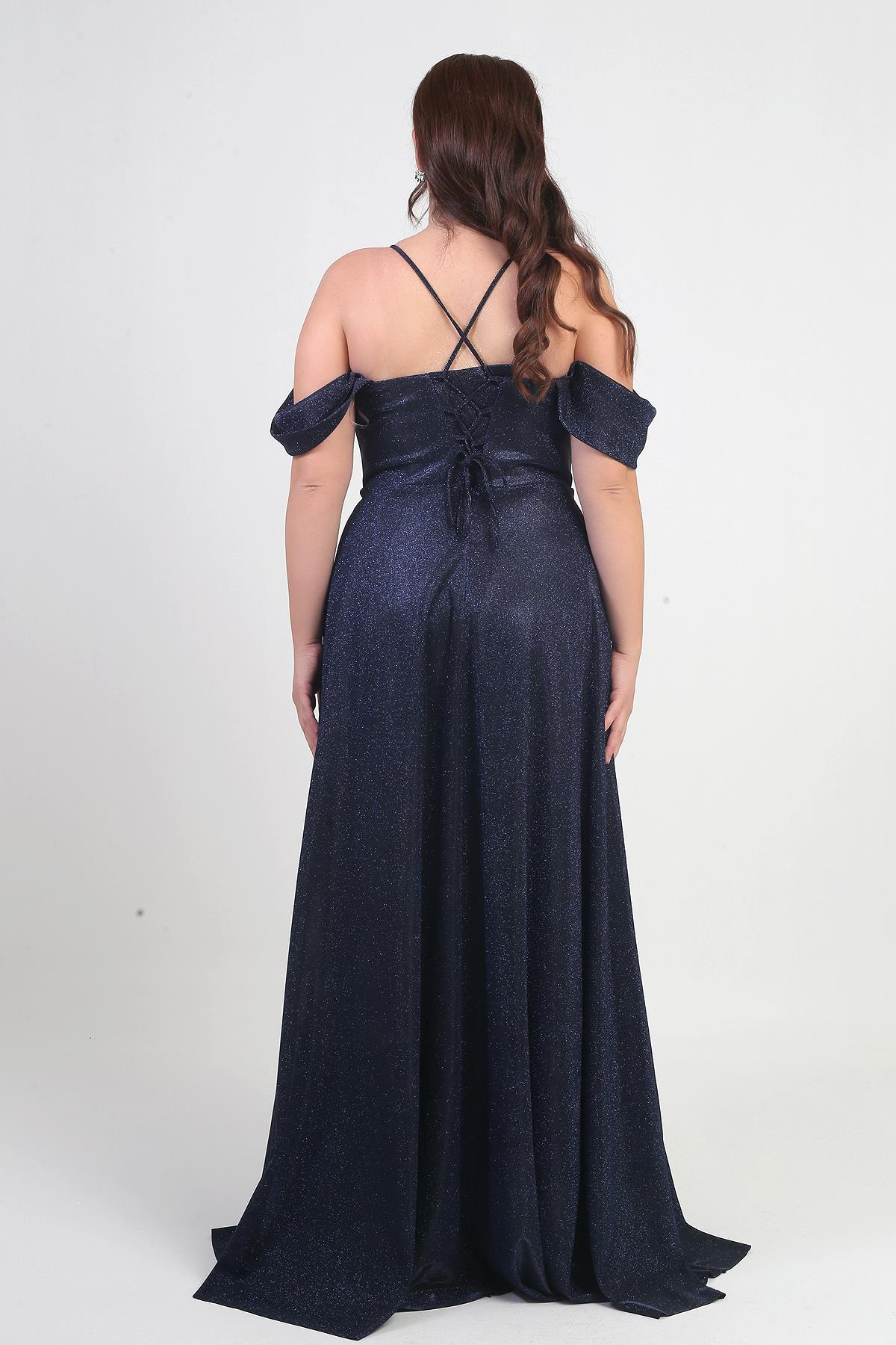 S-25Y0230022Kadın İp Askılı Arkası Bağcıklı Göğüs Drapeli Astarlı Balenli Büyük Beden Simli Elbise