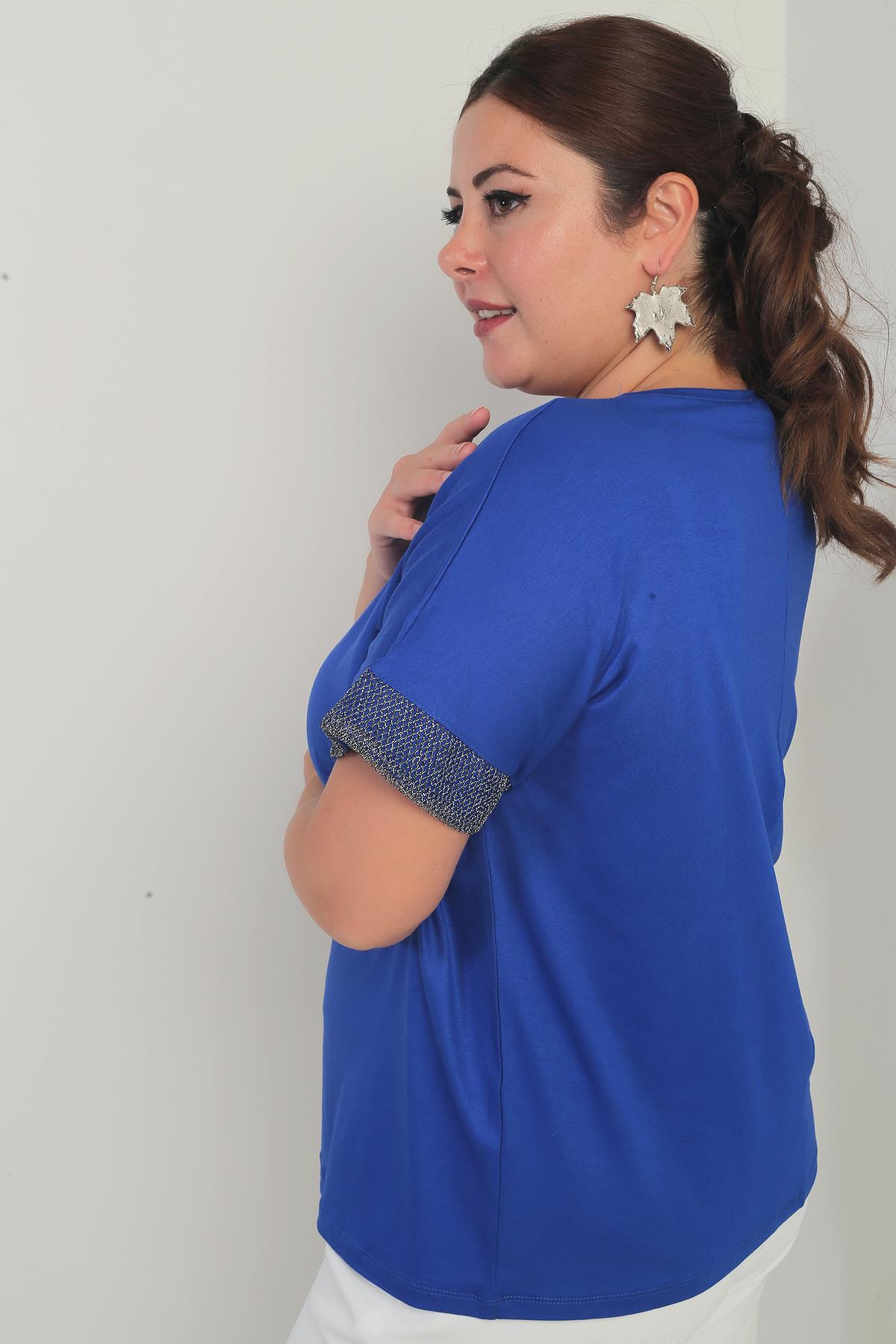 S-25Y0270001Kadın Yaka Ve Kol Ucu Simli File Detaylı Büyük Beden Bluz