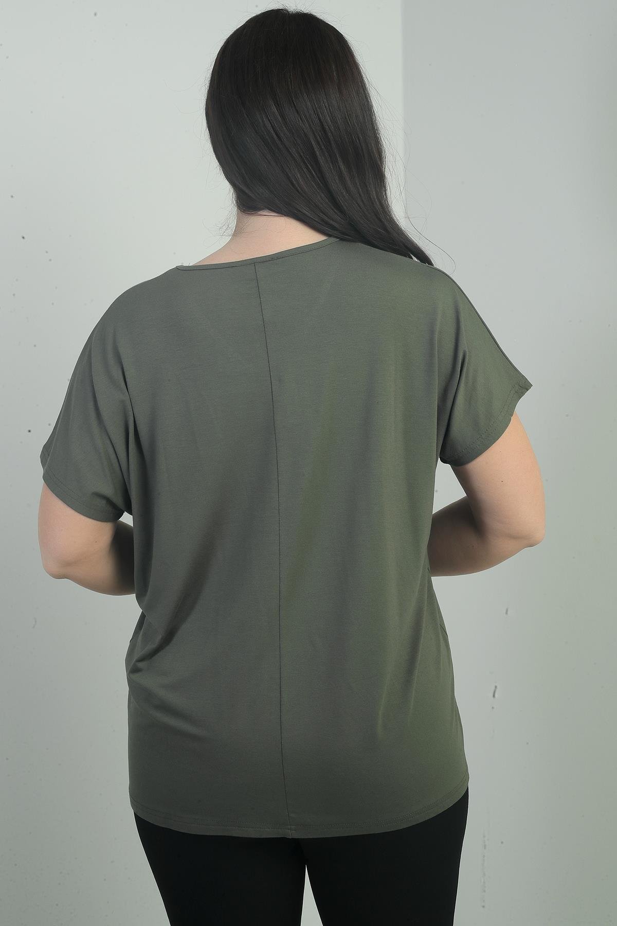 S-25Y0270007Kadın Omuzu Taş Baskılı V Yaka Yarasa Kol B.B. Bluz