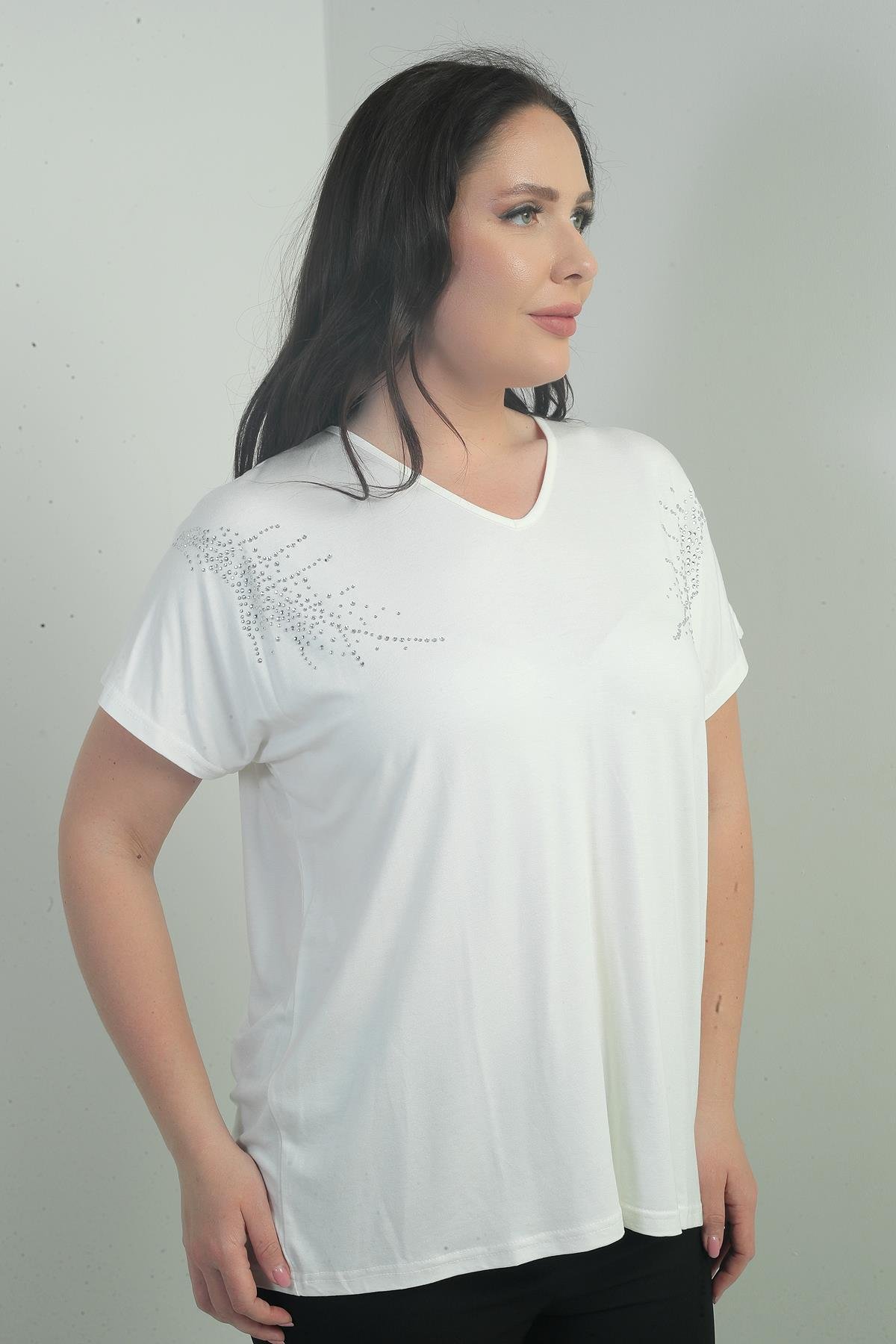 S-25Y0270007Kadın Omuzu Taş Baskılı V Yaka Yarasa Kol B.B. Bluz