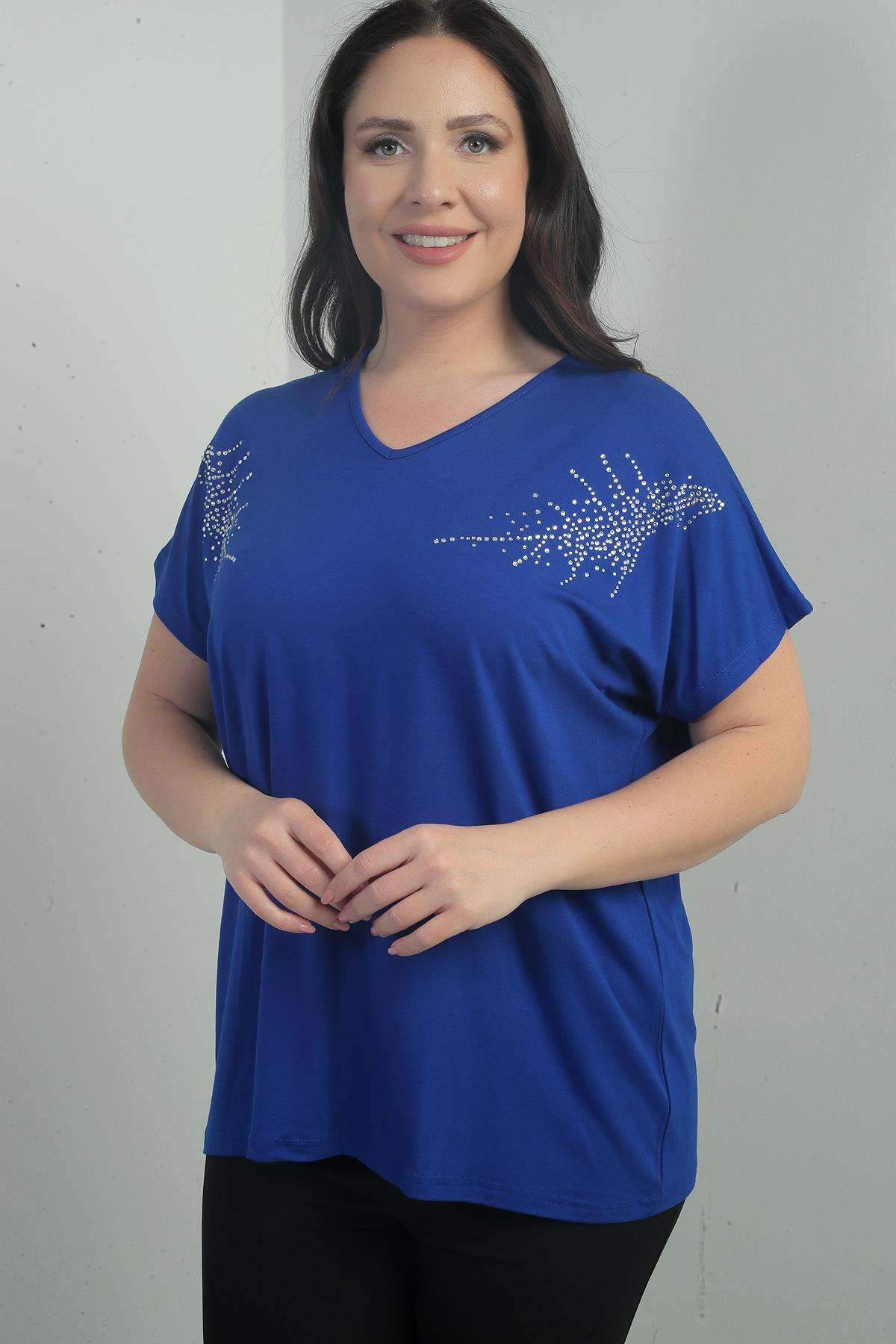 S-25Y0270007Kadın Omuzu Taş Baskılı V Yaka Yarasa Kol B.B. Bluz