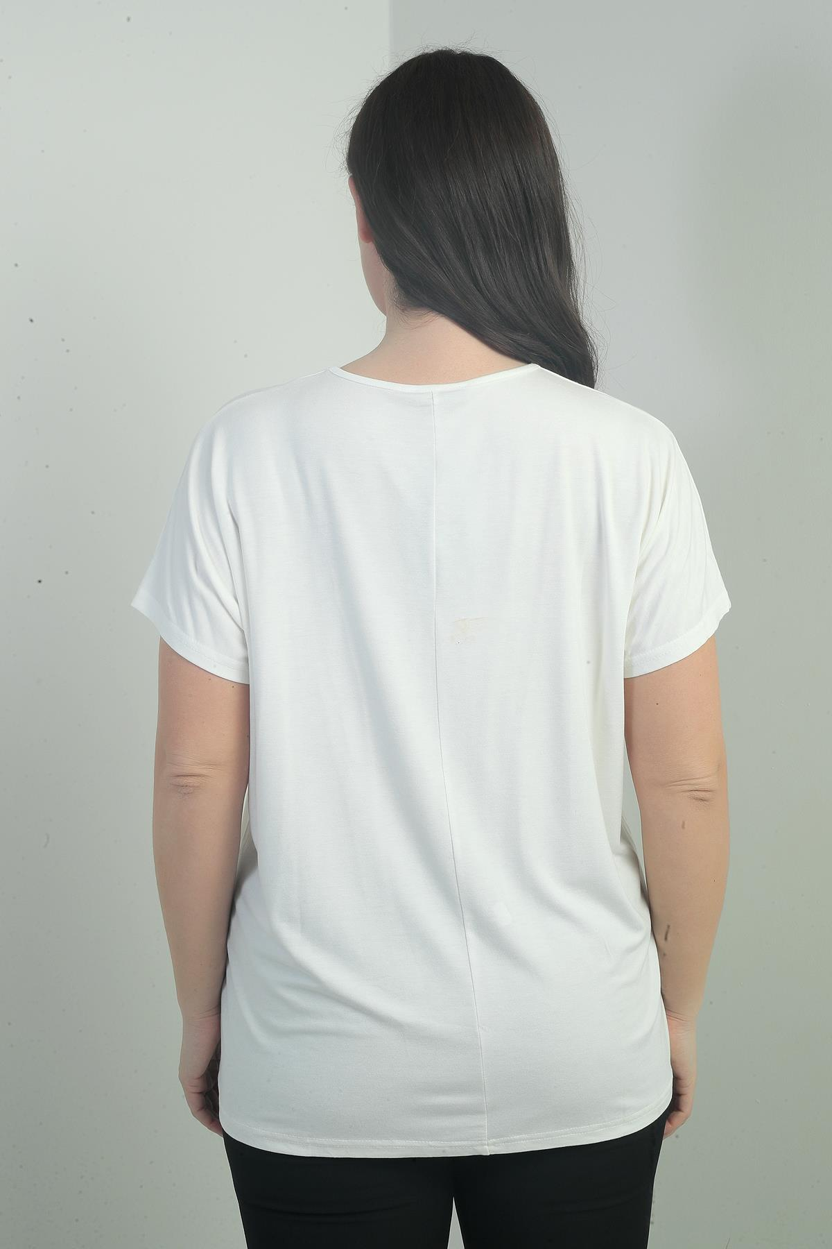 S-25Y0270007Kadın Omuzu Taş Baskılı V Yaka Yarasa Kol B.B. Bluz