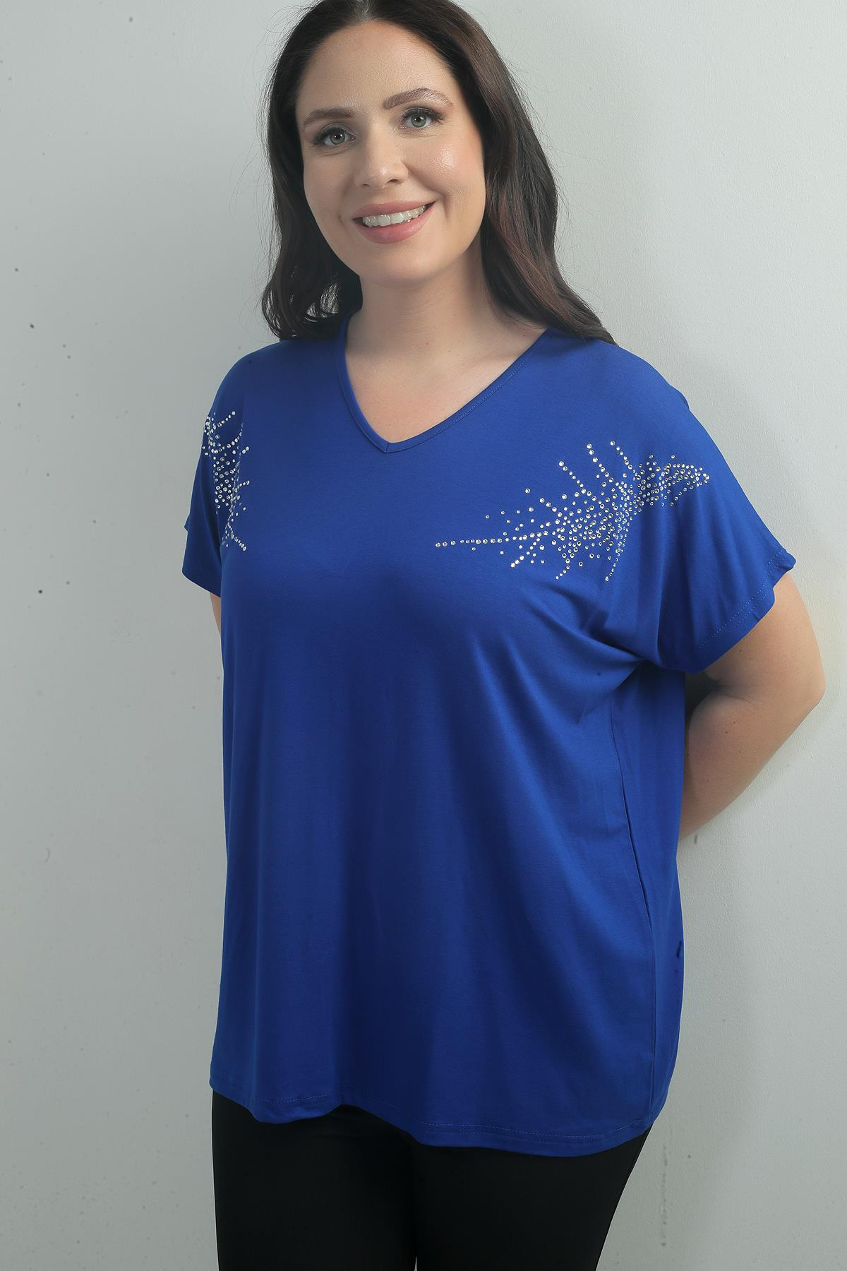 S-25Y0270007Kadın Omuzu Taş Baskılı V Yaka Yarasa Kol B.B. Bluz