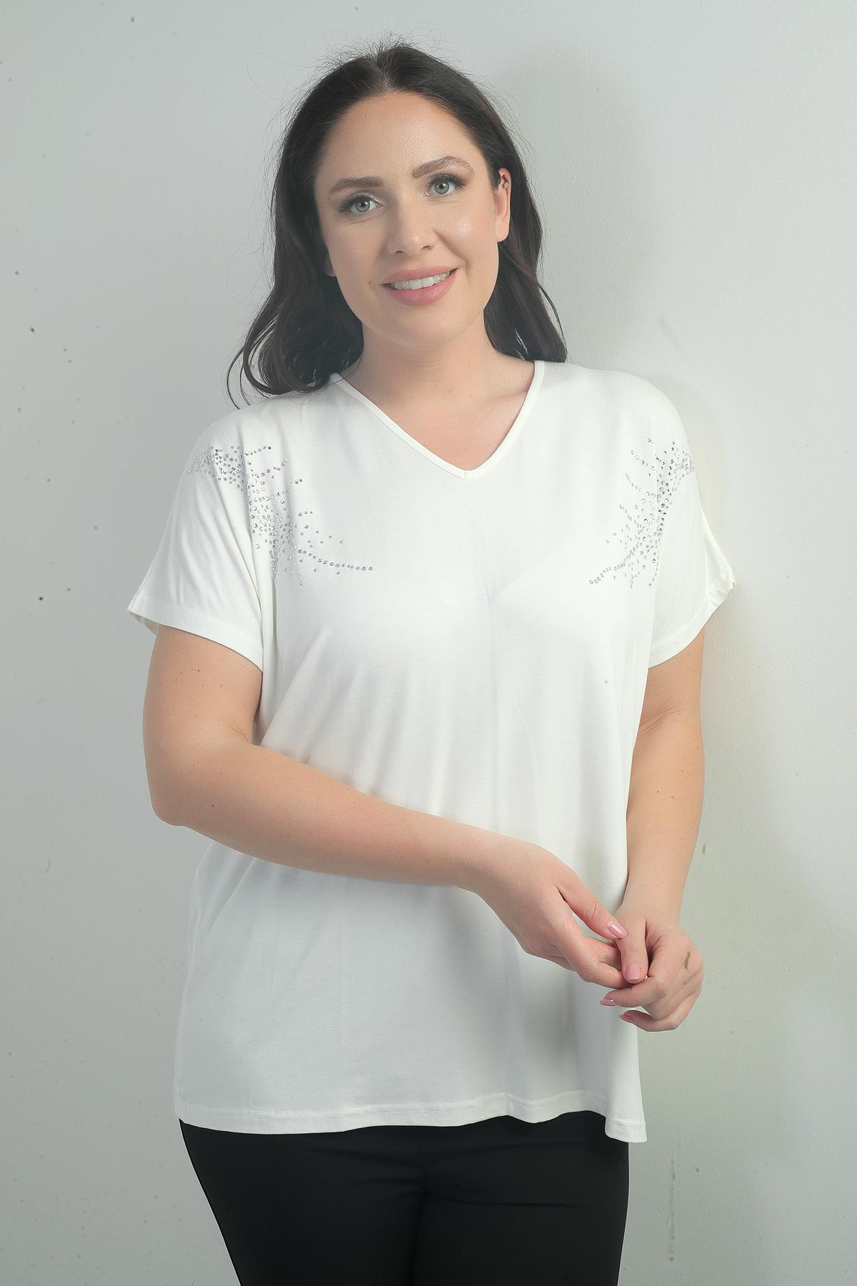 S-25Y0270007Kadın Omuzu Taş Baskılı V Yaka Yarasa Kol B.B. Bluz