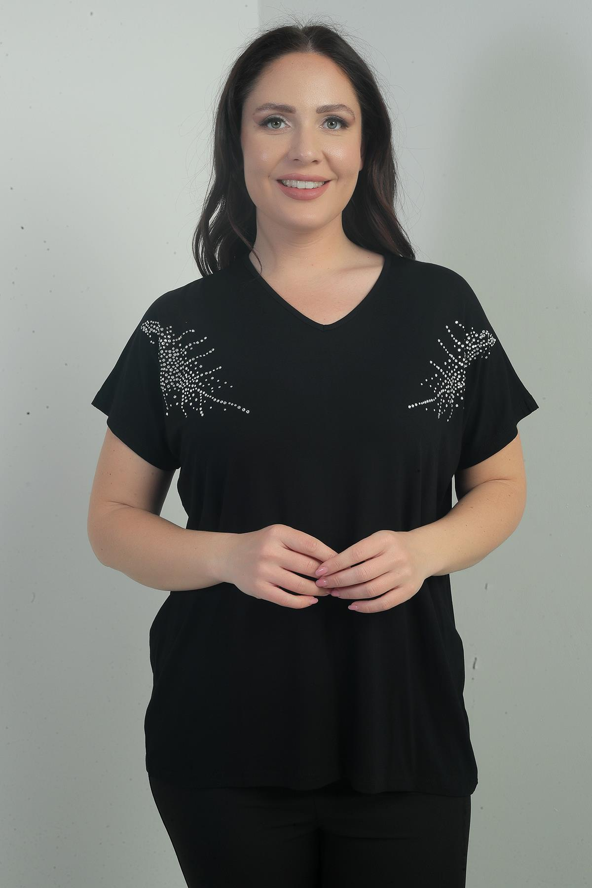 S-25Y0270007Kadın Omuzu Taş Baskılı V Yaka Yarasa Kol B.B. Bluz