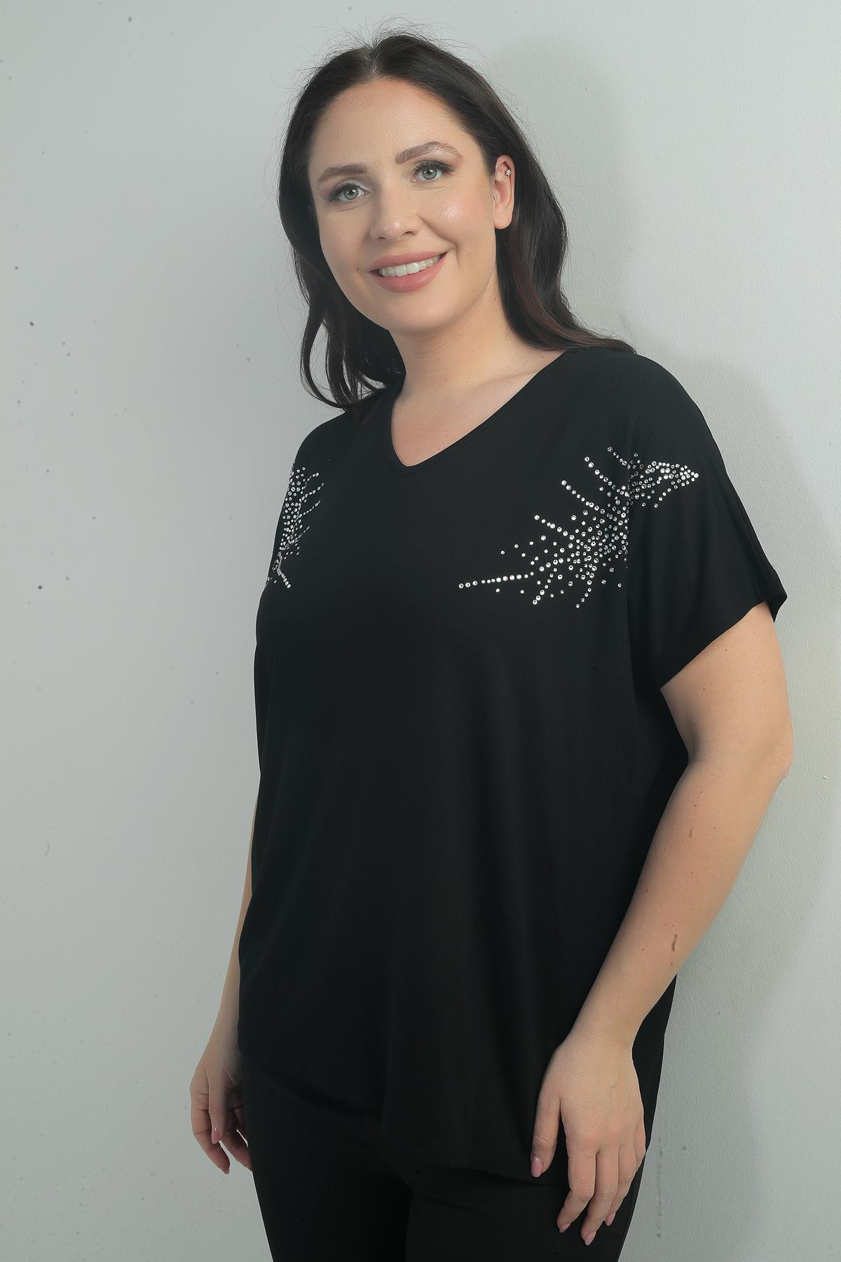 S-25Y0270007Kadın Omuzu Taş Baskılı V Yaka Yarasa Kol B.B. Bluz