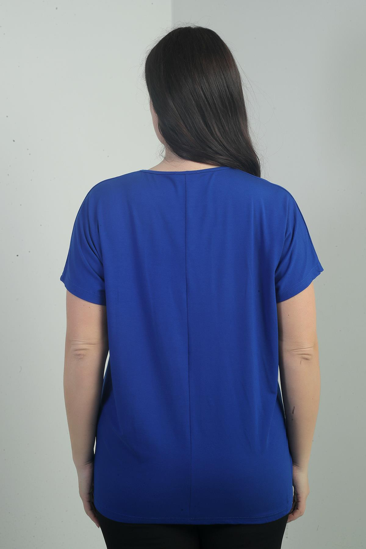 S-25Y0270007Kadın Omuzu Taş Baskılı V Yaka Yarasa Kol B.B. Bluz