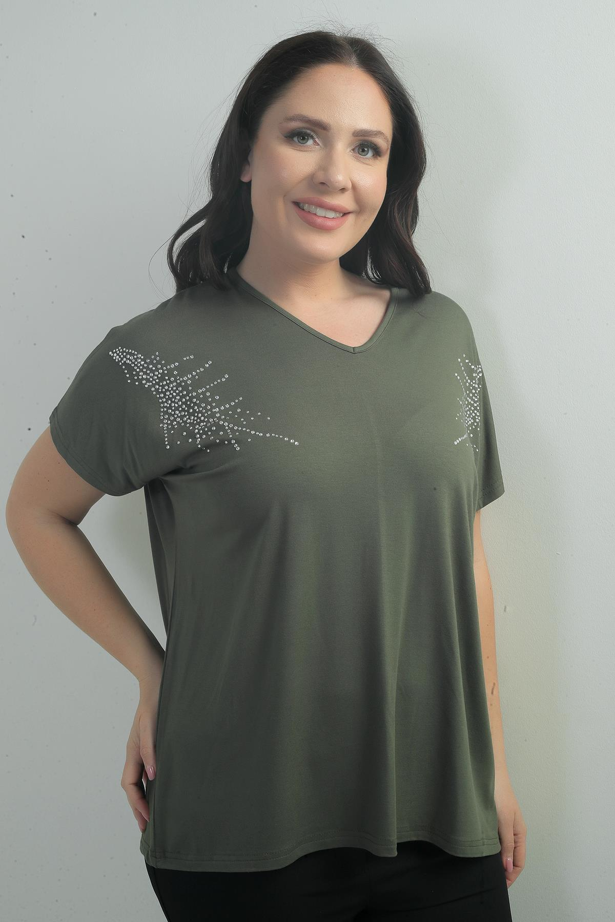 S-25Y0270007Kadın Omuzu Taş Baskılı V Yaka Yarasa Kol B.B. Bluz